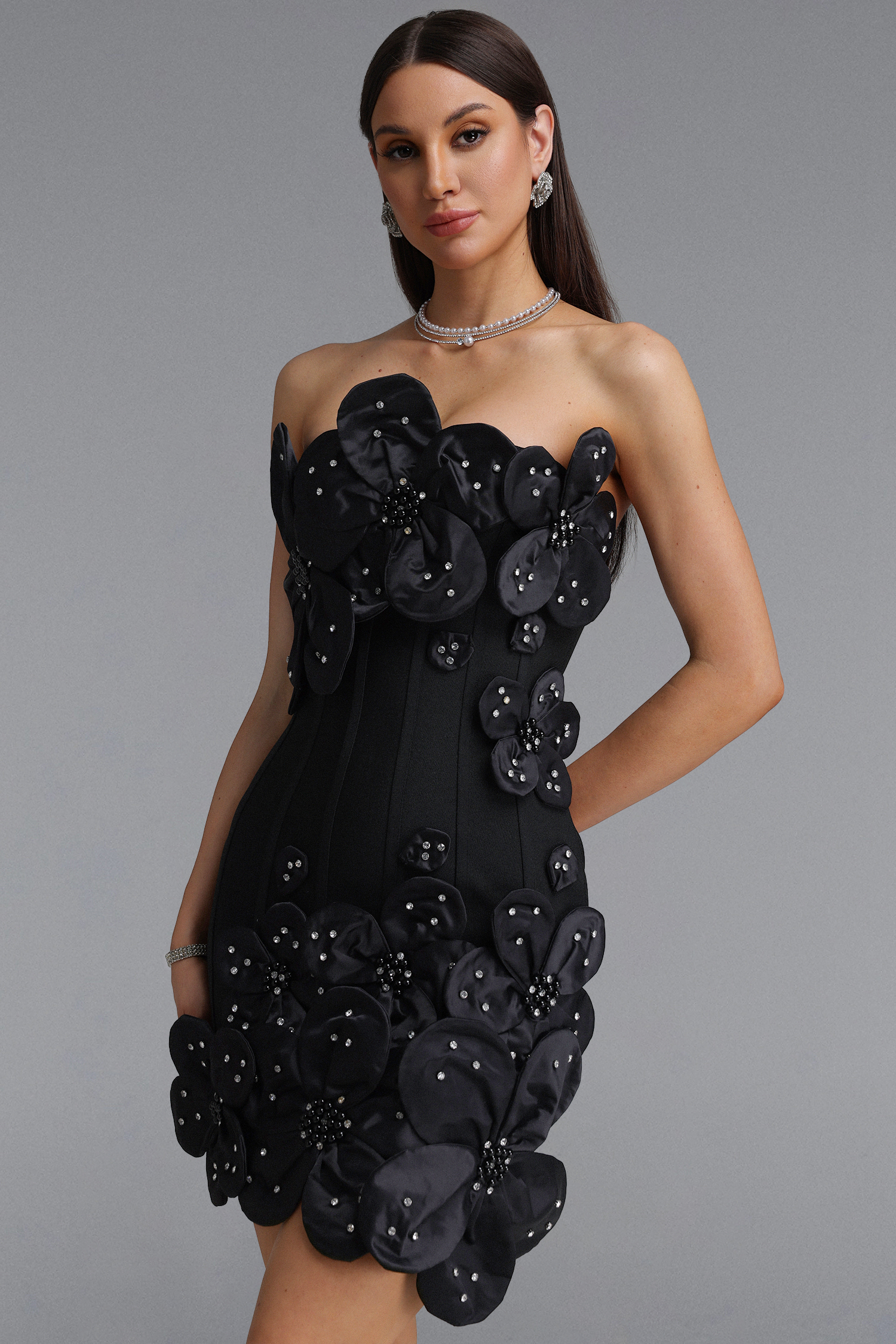 Janneth　Exquisite Fitted Strapless Rhinestone Floral Black Mini Bandage Dress