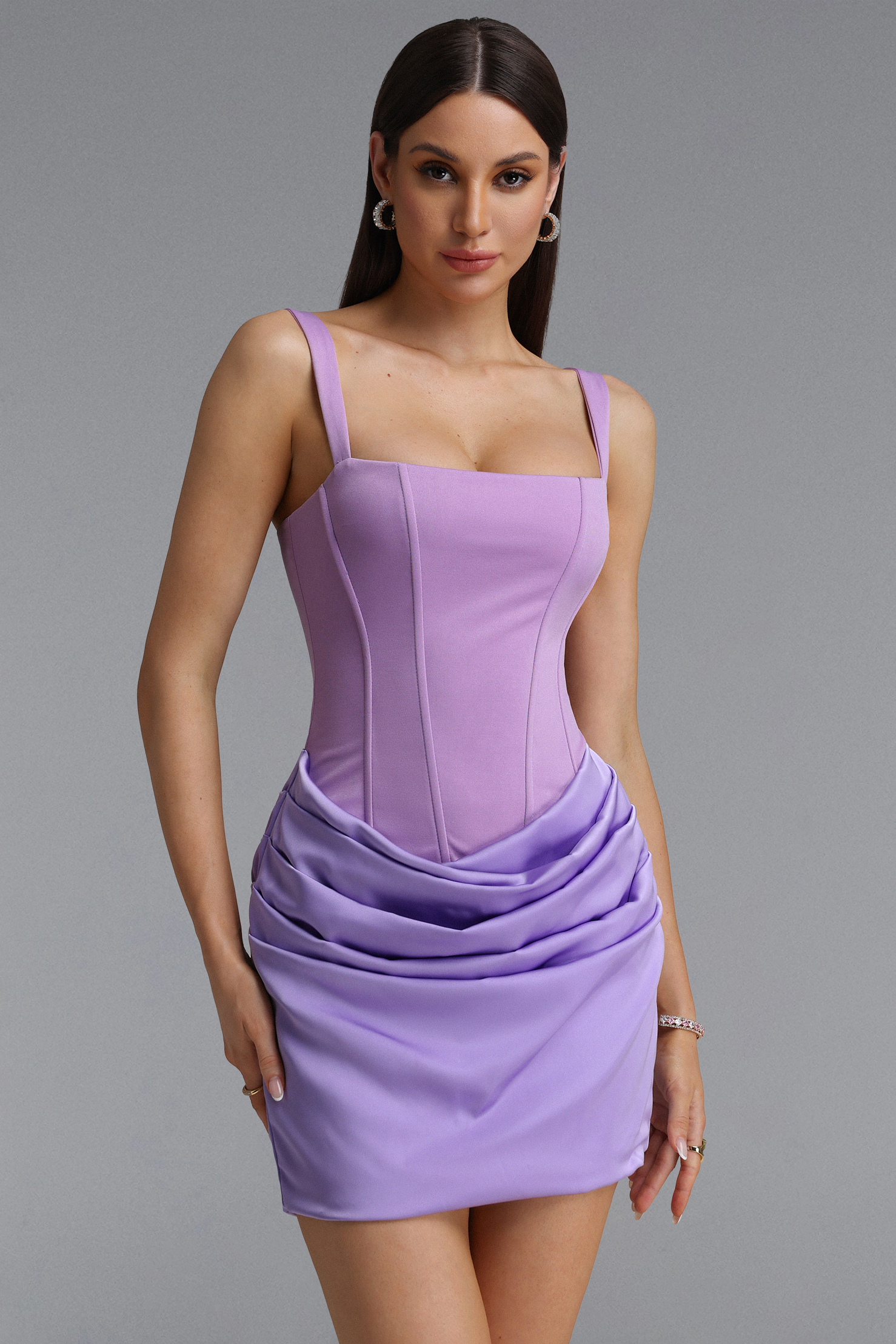 Gloria Chic Contour Square Neck Pleated Satin Purple Mini Dress