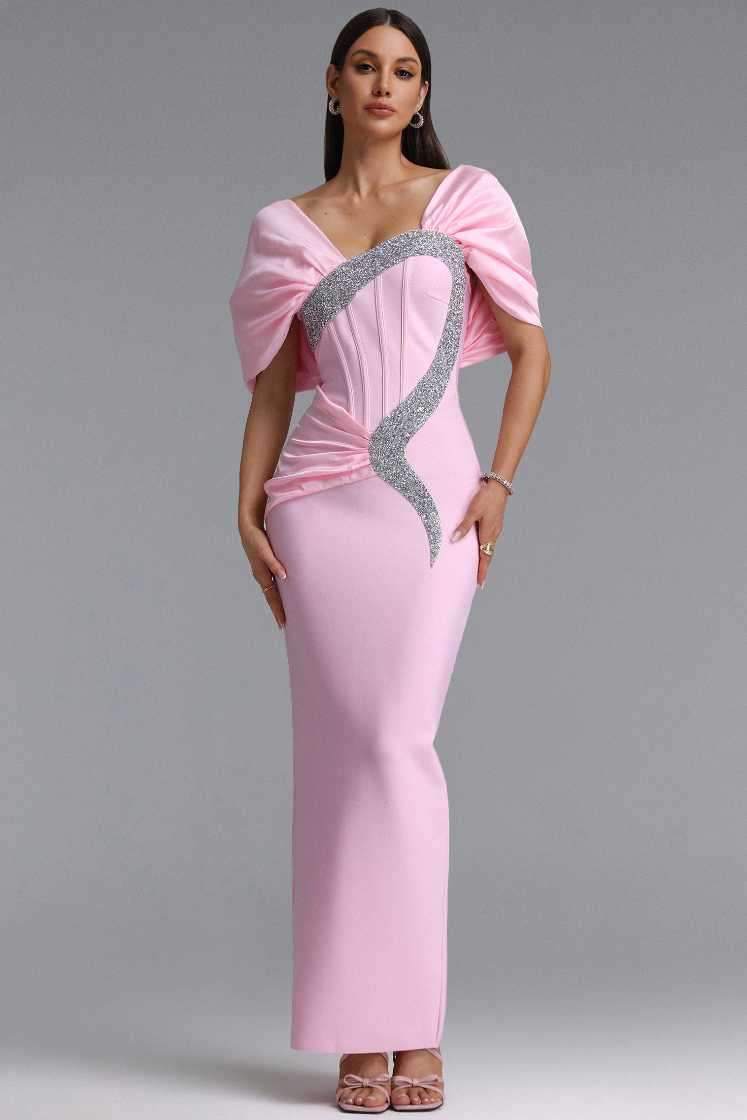 Edda Elegant Contour One Shoulder Ruched Rhinestone Bandage Maxi Dress