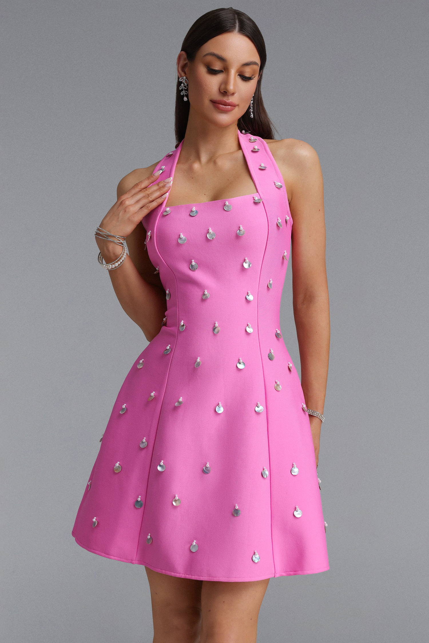 Dotte Exquisite Cinched Waist Halter Shell Decor A Line Pink Bandage Mini Dress