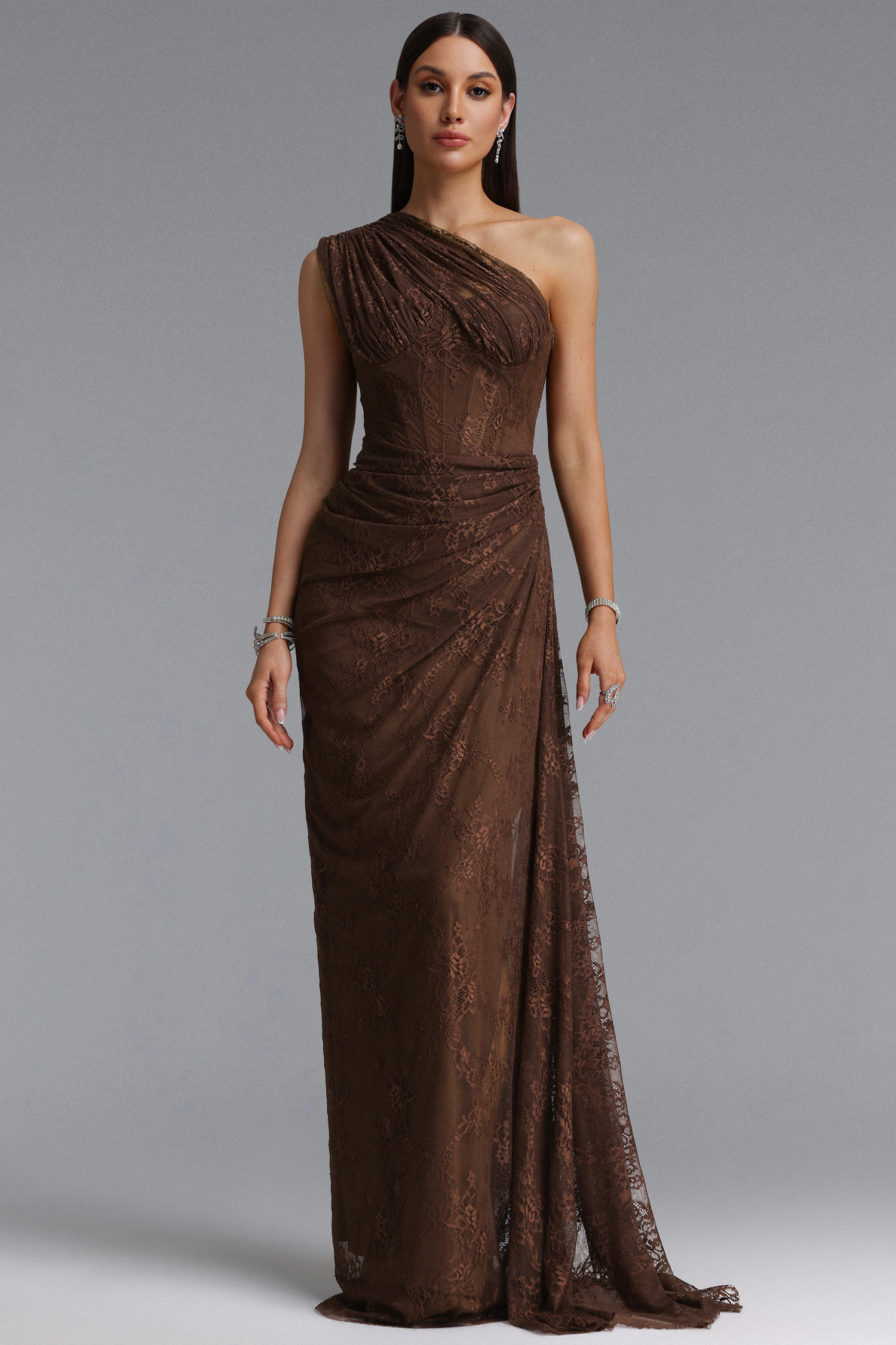 Finch Romantic Contour Sleeveless Ruched Lace Brown Knit Maxi Dress
