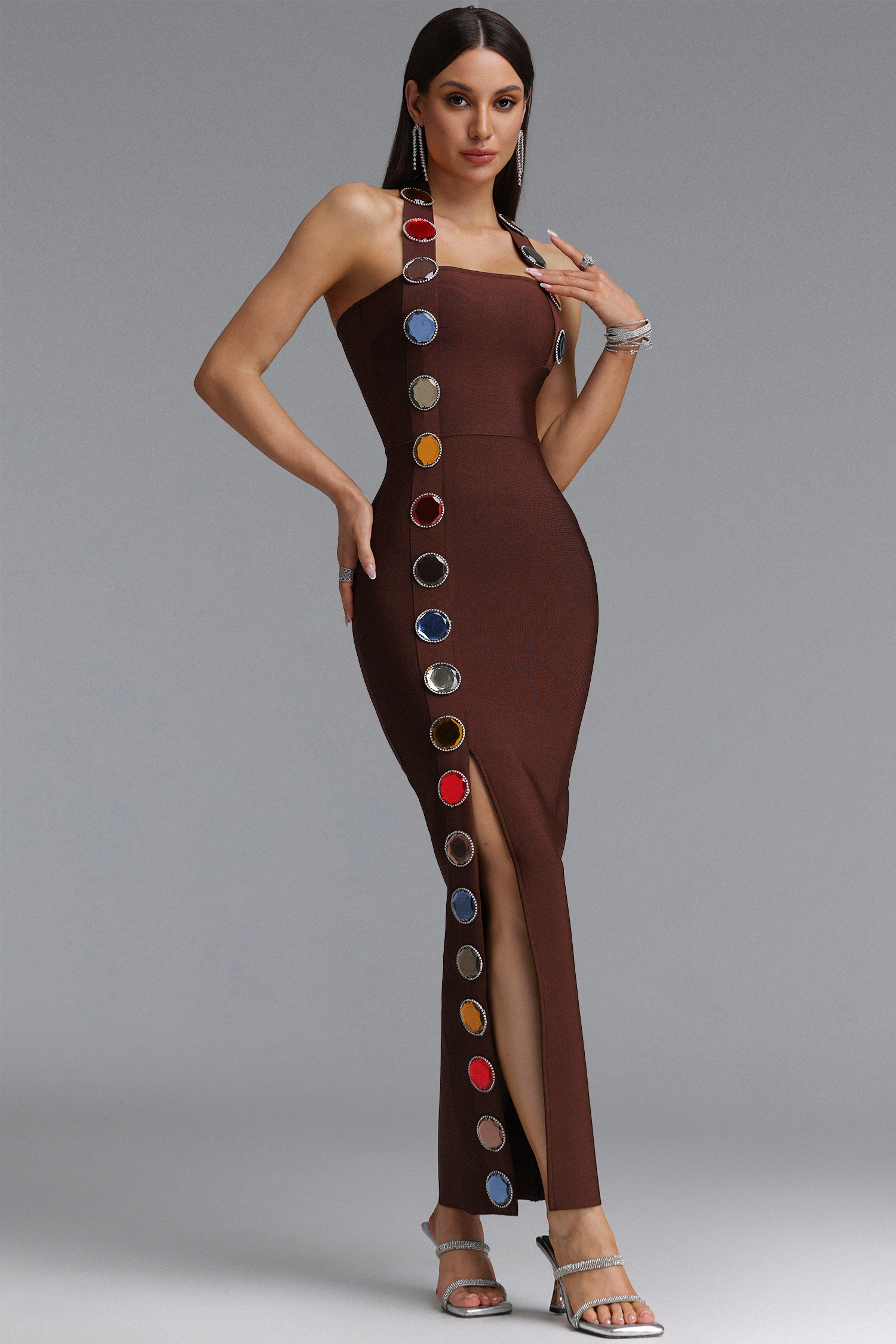 Dixie Halter Sleeveless Diamond Brown Bandage Maxi Dress