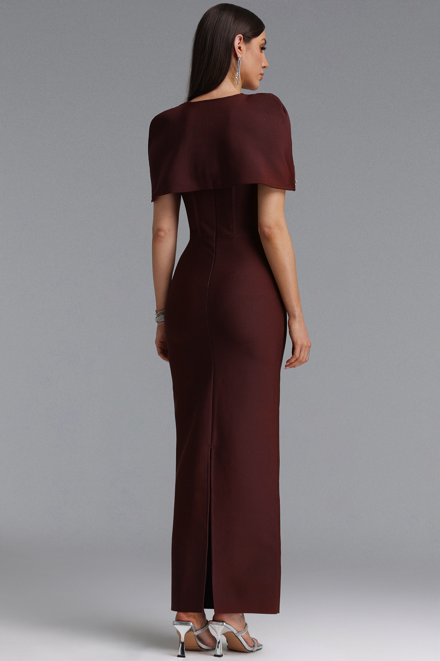 Frances Elegant Contour Rhinestone Shawl Strapless Brown Bandage Maxi Dress Set