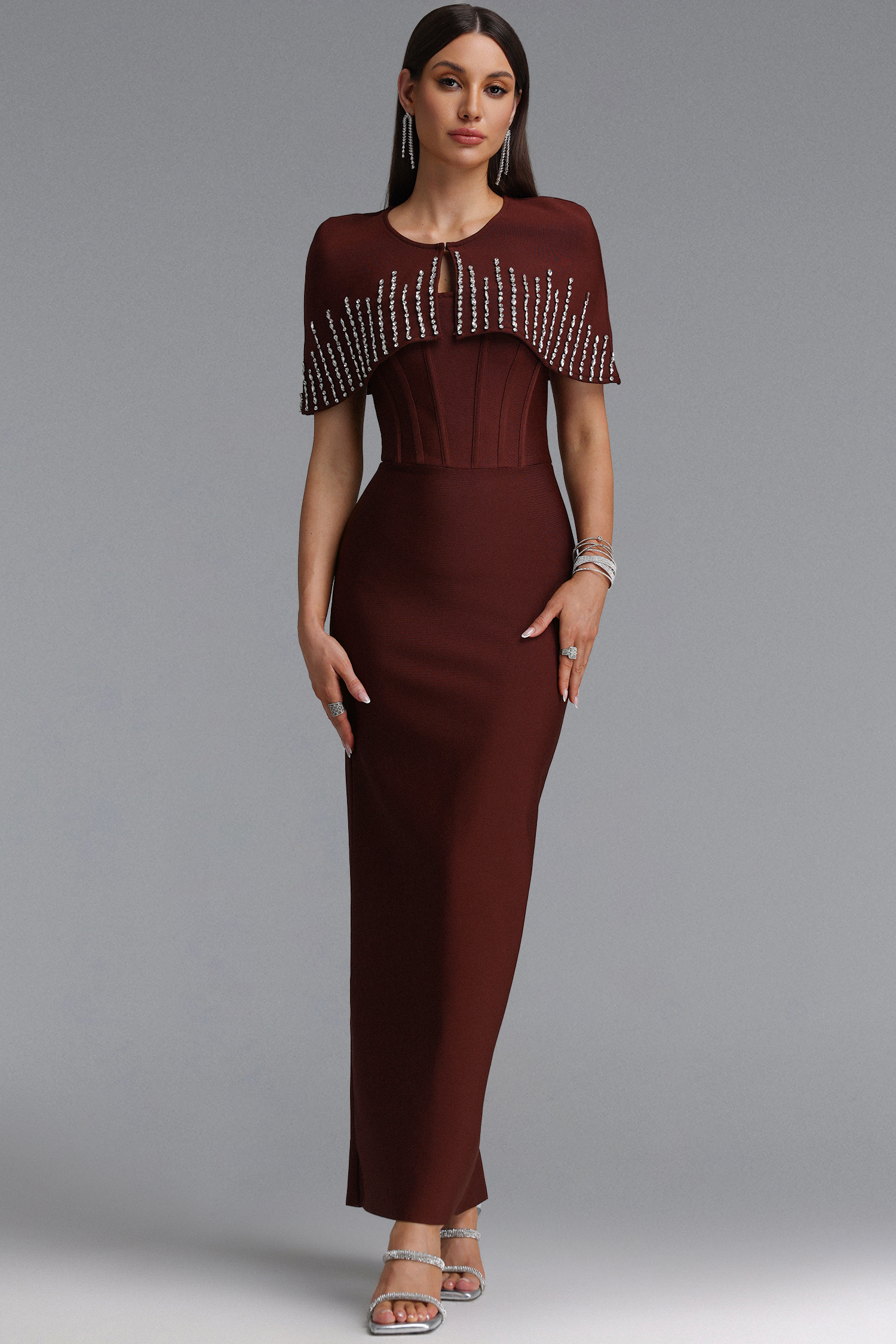 Frances Elegant Contour Rhinestone Shawl Strapless Brown Bandage Maxi Dress Set