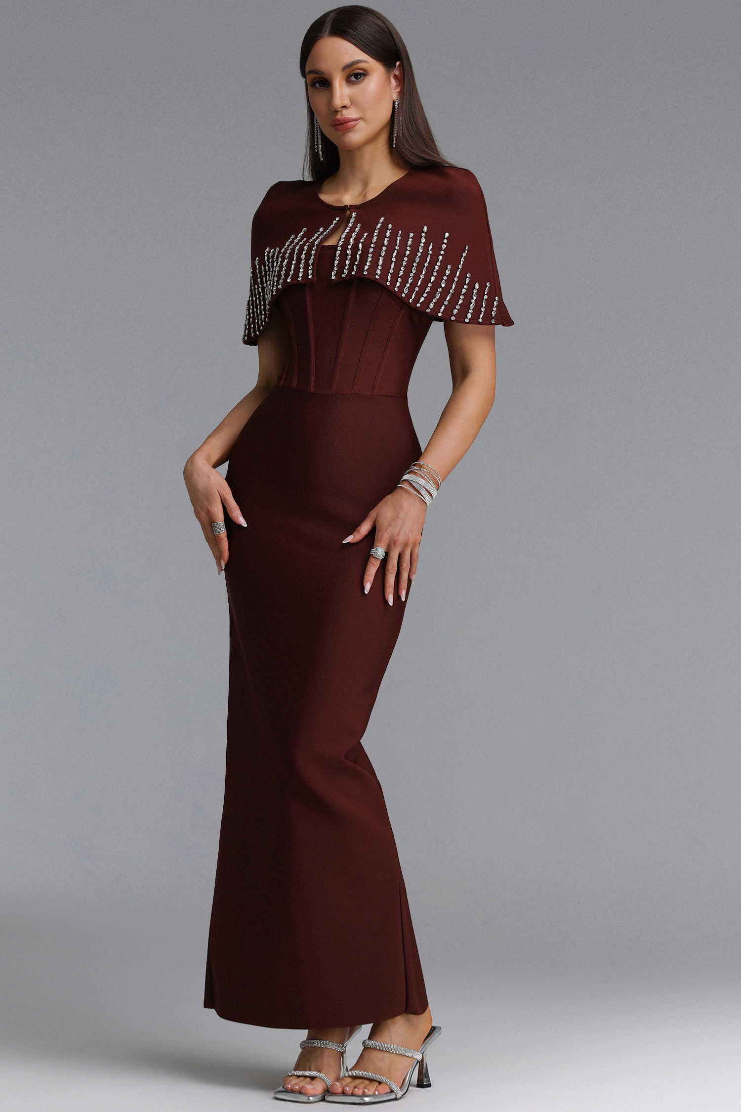 Frances Elegant Contour Rhinestone Shawl Strapless Brown Bandage Maxi Dress Set