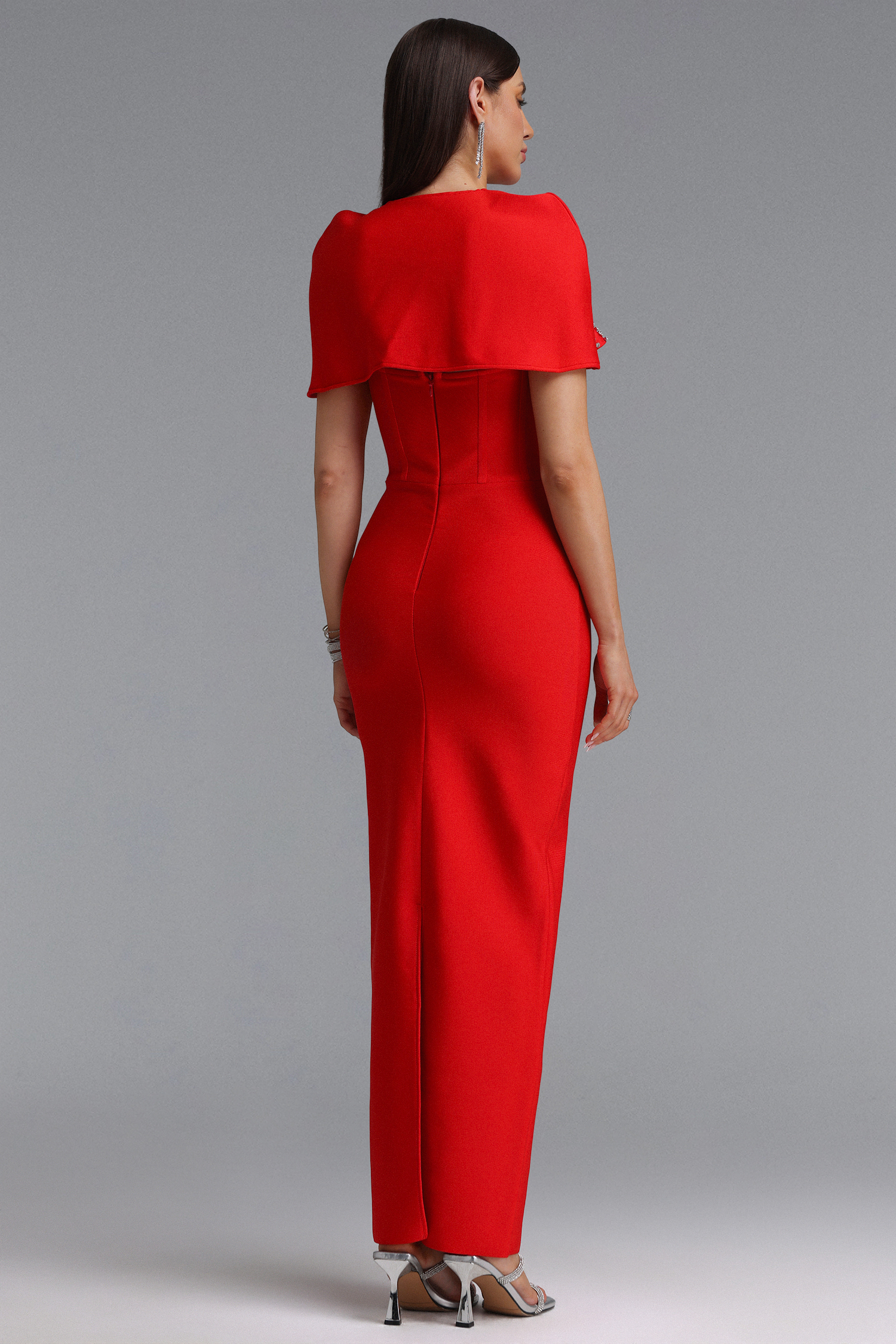 Frances Elegant Contour Rhinestone Shawl Strapless Red Bandage Maxi Dress Set