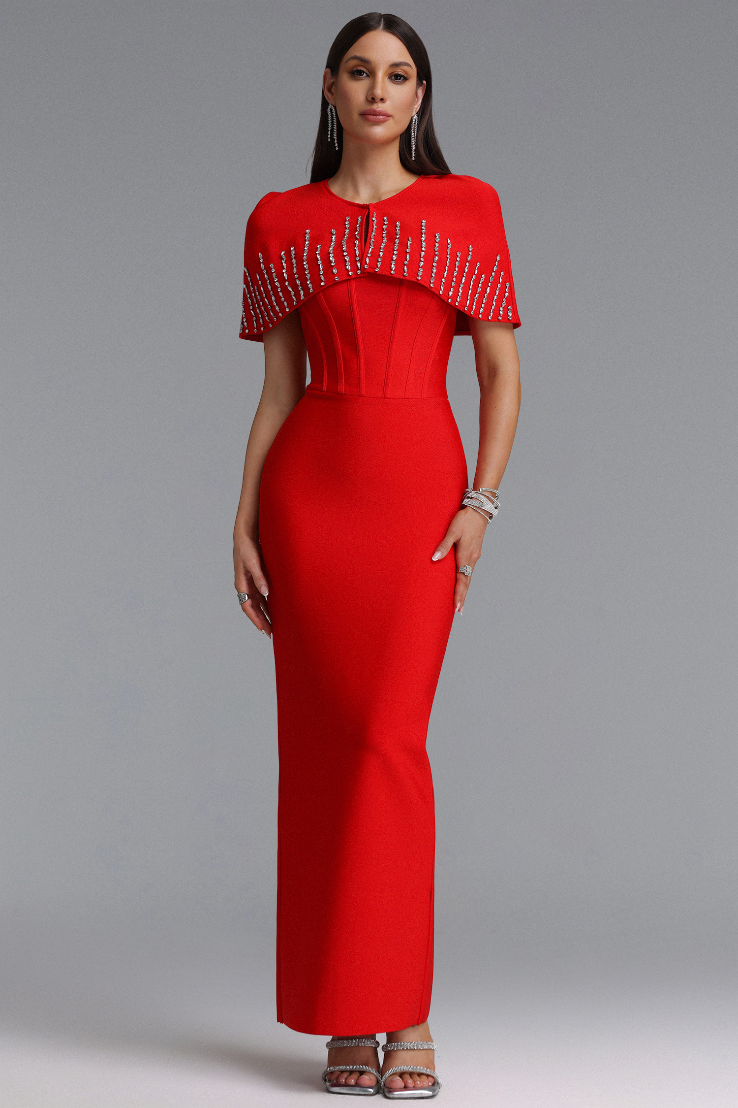 Frances Elegant Contour Rhinestone Shawl Strapless Red Bandage Maxi Dress Set