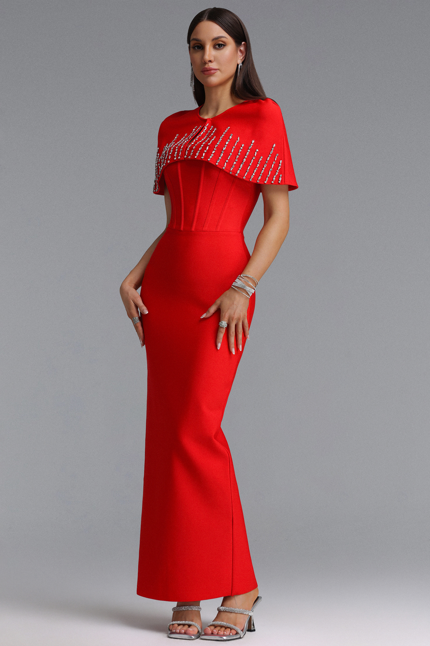 Frances Elegant Contour Rhinestone Shawl Strapless Red Bandage Maxi Dress Set