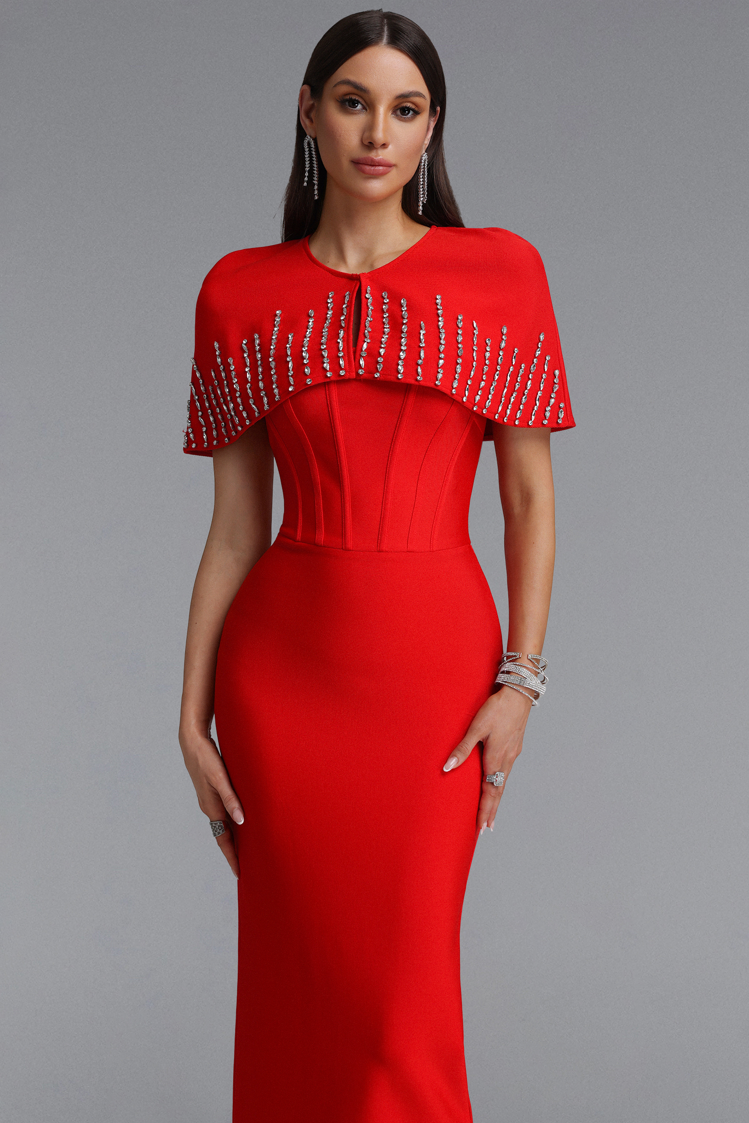 Frances Elegant Contour Rhinestone Shawl Strapless Red Bandage Maxi Dress Set