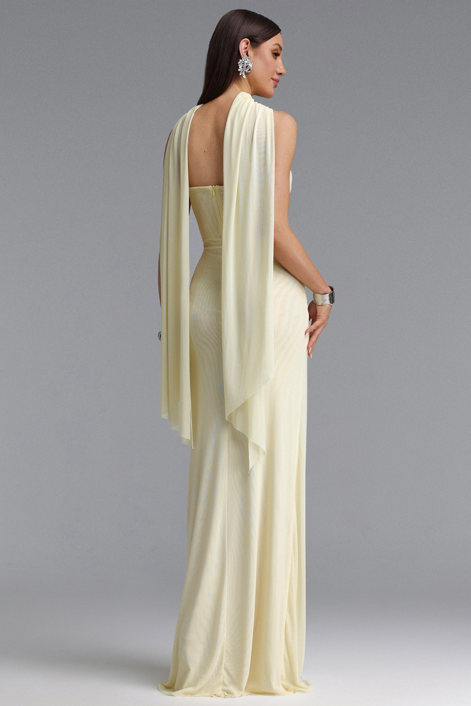 Gwen Elegant Flowy Strapless Ruched Mesh Yellow Maxi Dress