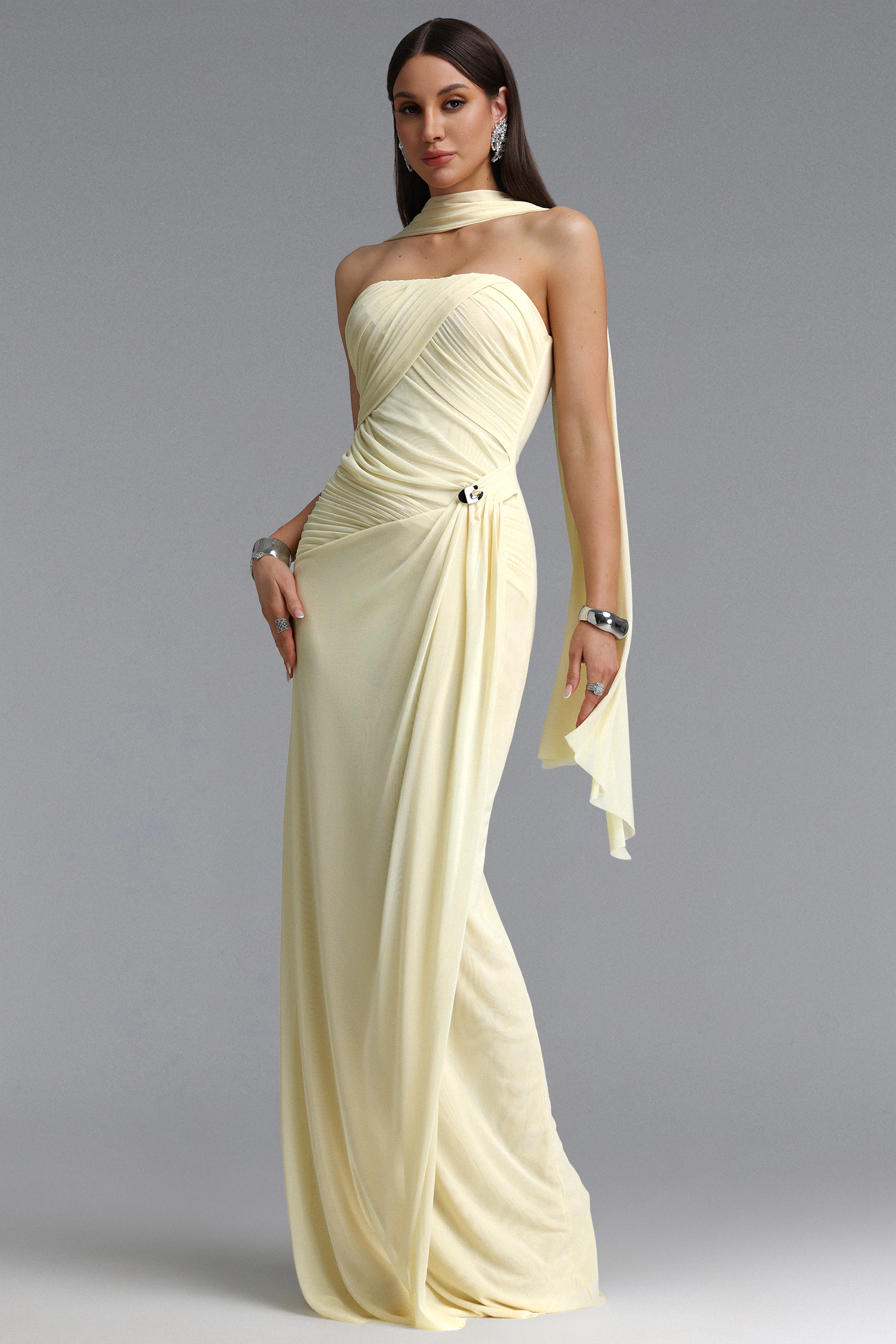 Gwen Elegant Flowy Strapless Ruched Mesh Yellow Maxi Dress