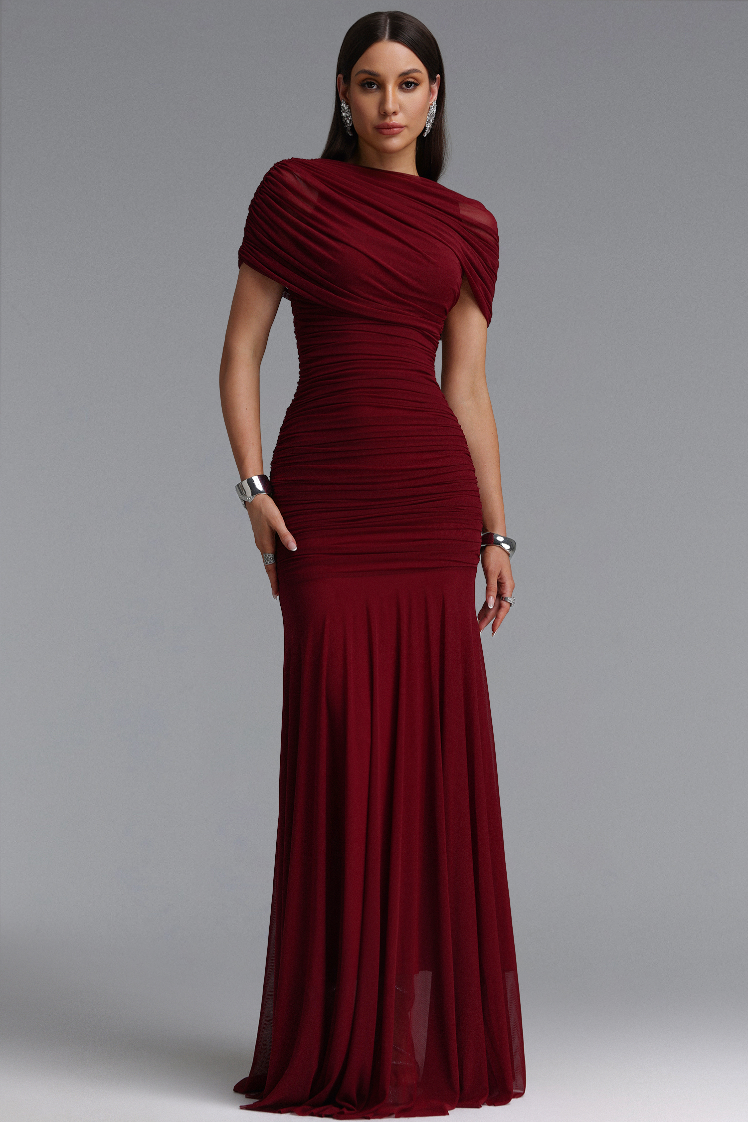 Tiza Elegant Sophisticated Draped Ruched Knitted Maxi Dress