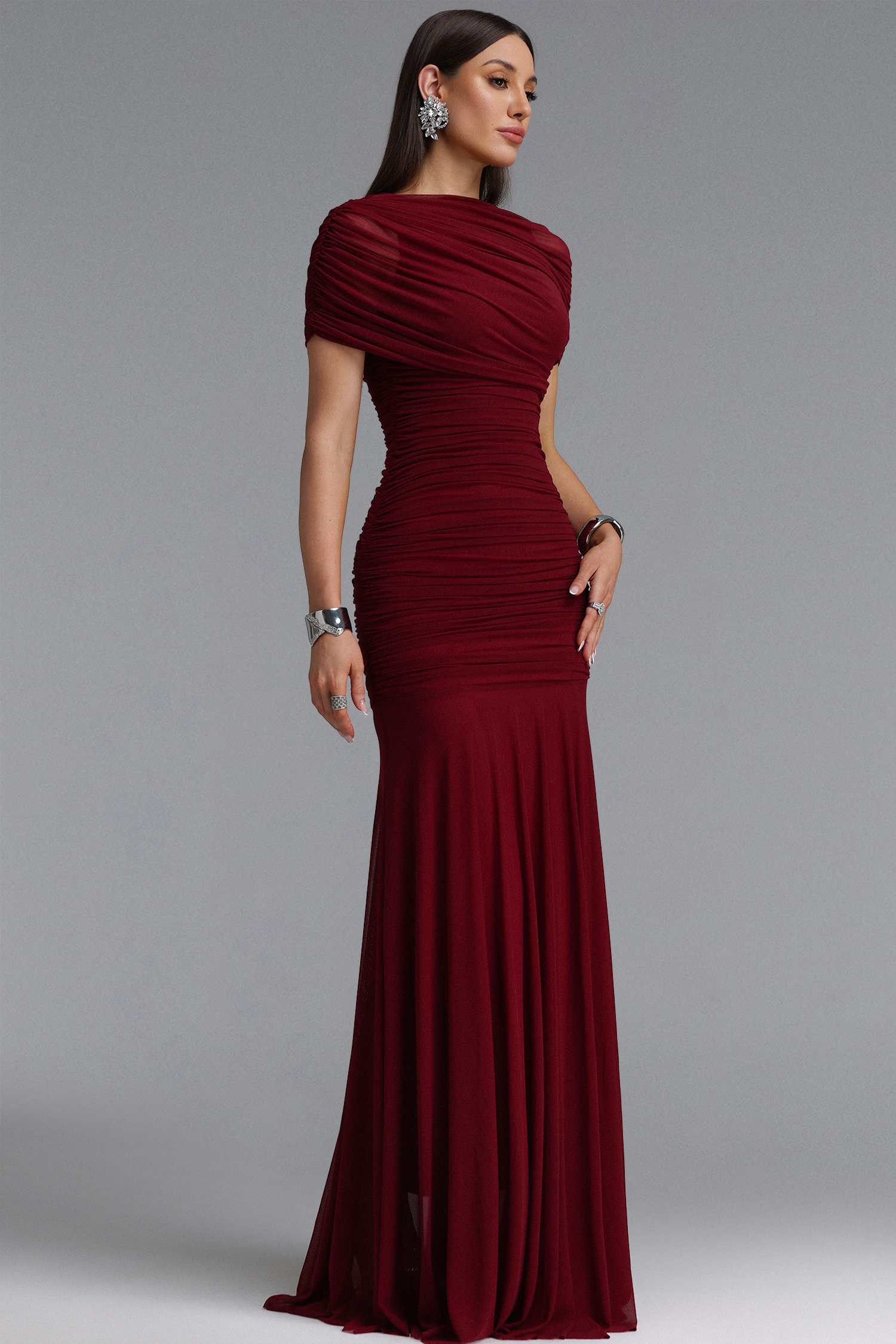 Tiza Elegant Sophisticated Draped Ruched Knitted Maxi Dress