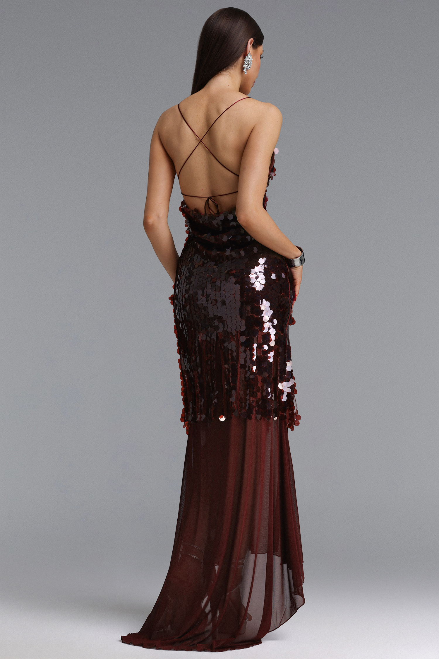Ferlia Stylish Contour V Neck Camisole Sequin Woven Maxi Dress