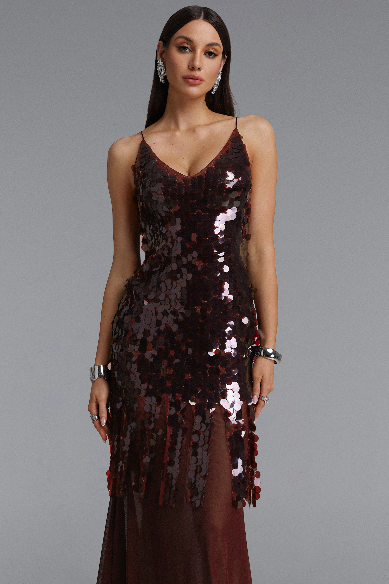 Ferlia Stylish Contour V Neck Camisole Sequin Woven Maxi Dress