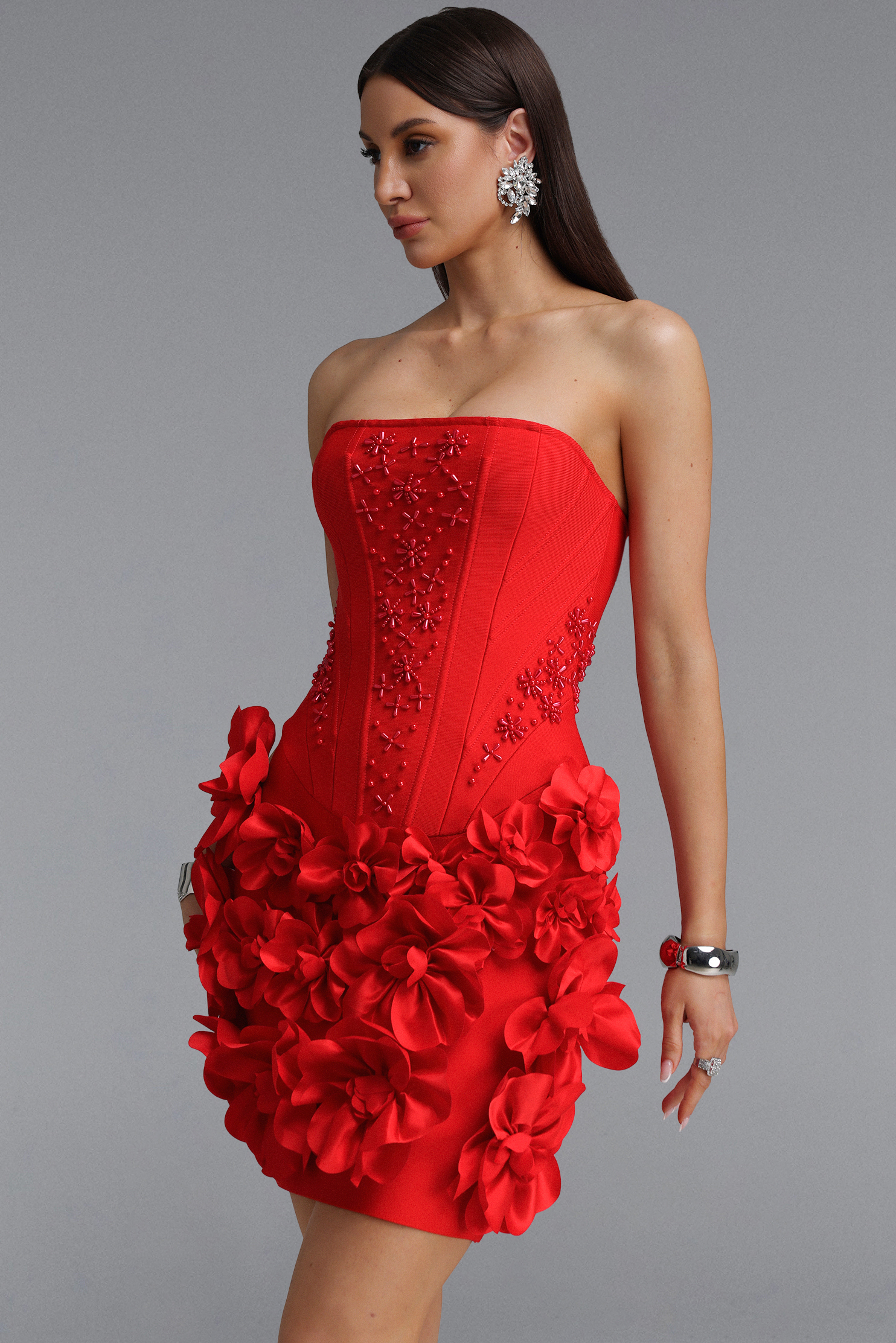 Elegant Waist-Cinched Strapless Pearl Floral Red Mini Bandage Dress