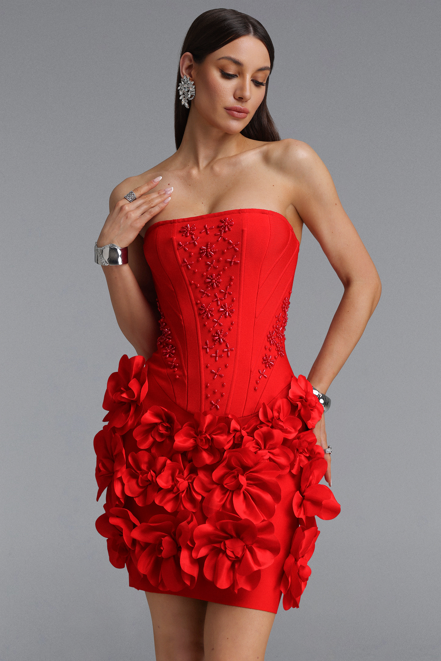Elegant Waist-Cinched Strapless Pearl Floral Red Mini Bandage Dress