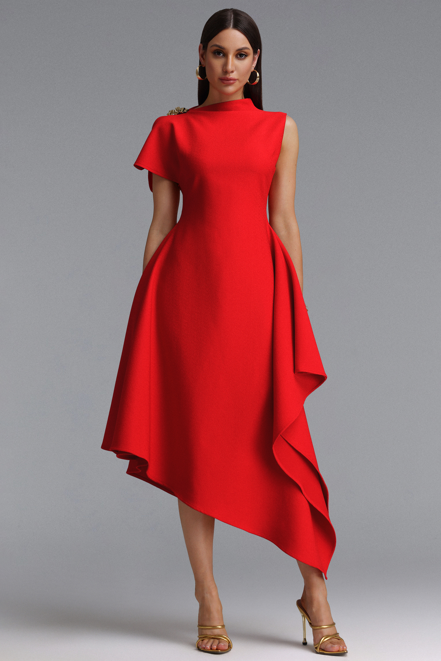 Weren Elegant Contour High Neck Asymmetric Red Maxi Dress