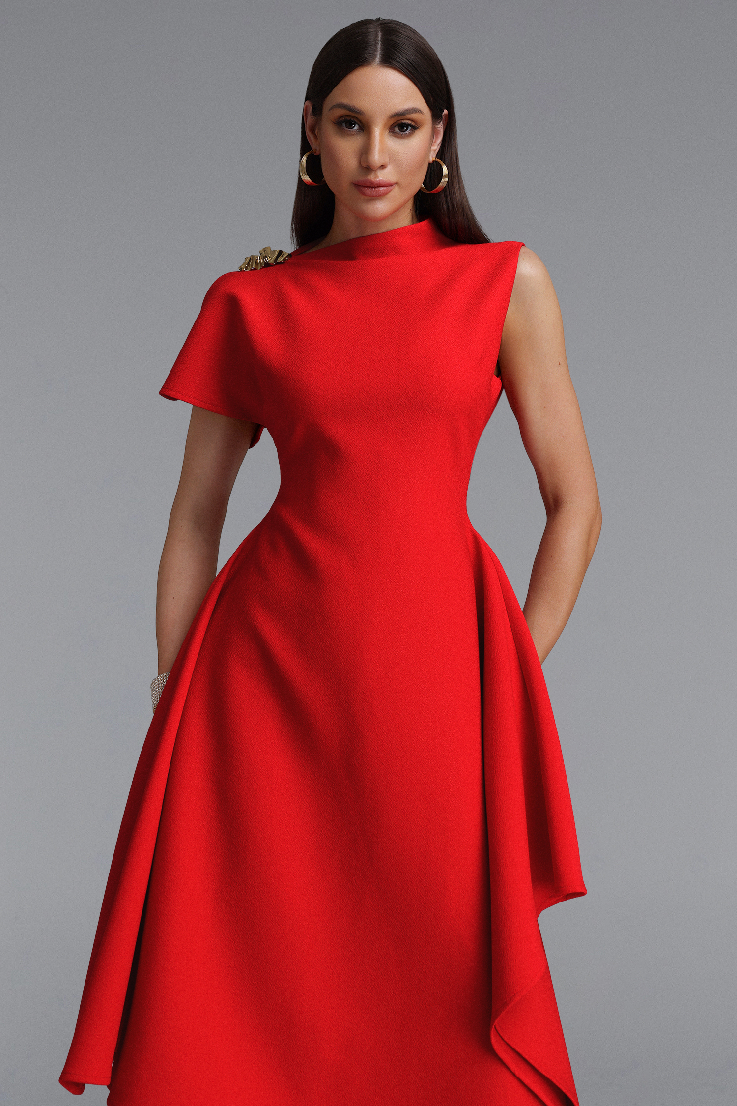 Weren Elegant Contour High Neck Asymmetric Red Maxi Dress