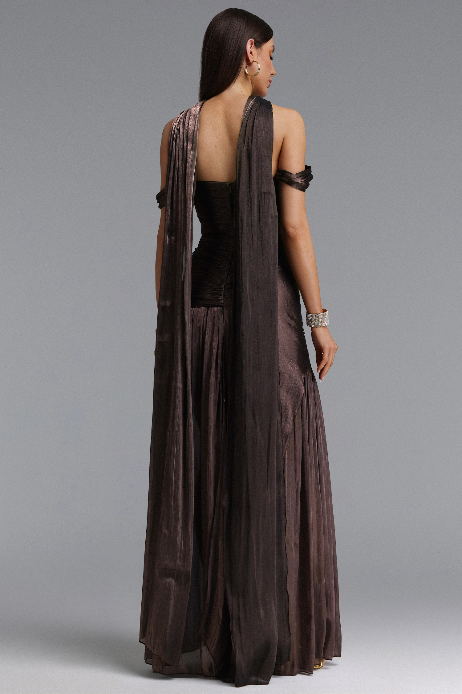 Sebastian Elegant Cinched Waist One Shoulder Sash Ruched Metallic Decor Woven Maxi Dress