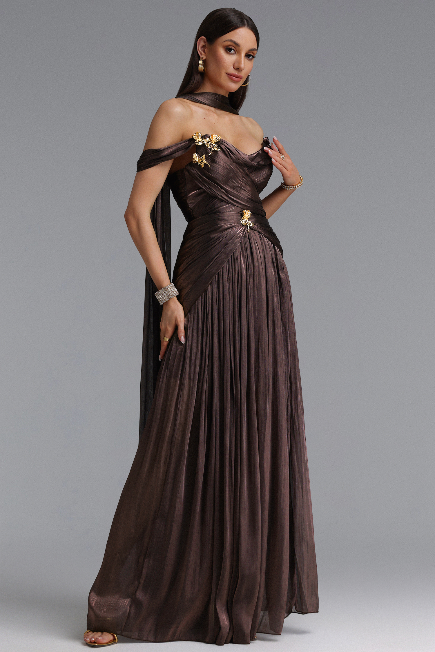 Sebastian Elegant Cinched Waist One Shoulder Sash Ruched Metallic Decor Woven Maxi Dress