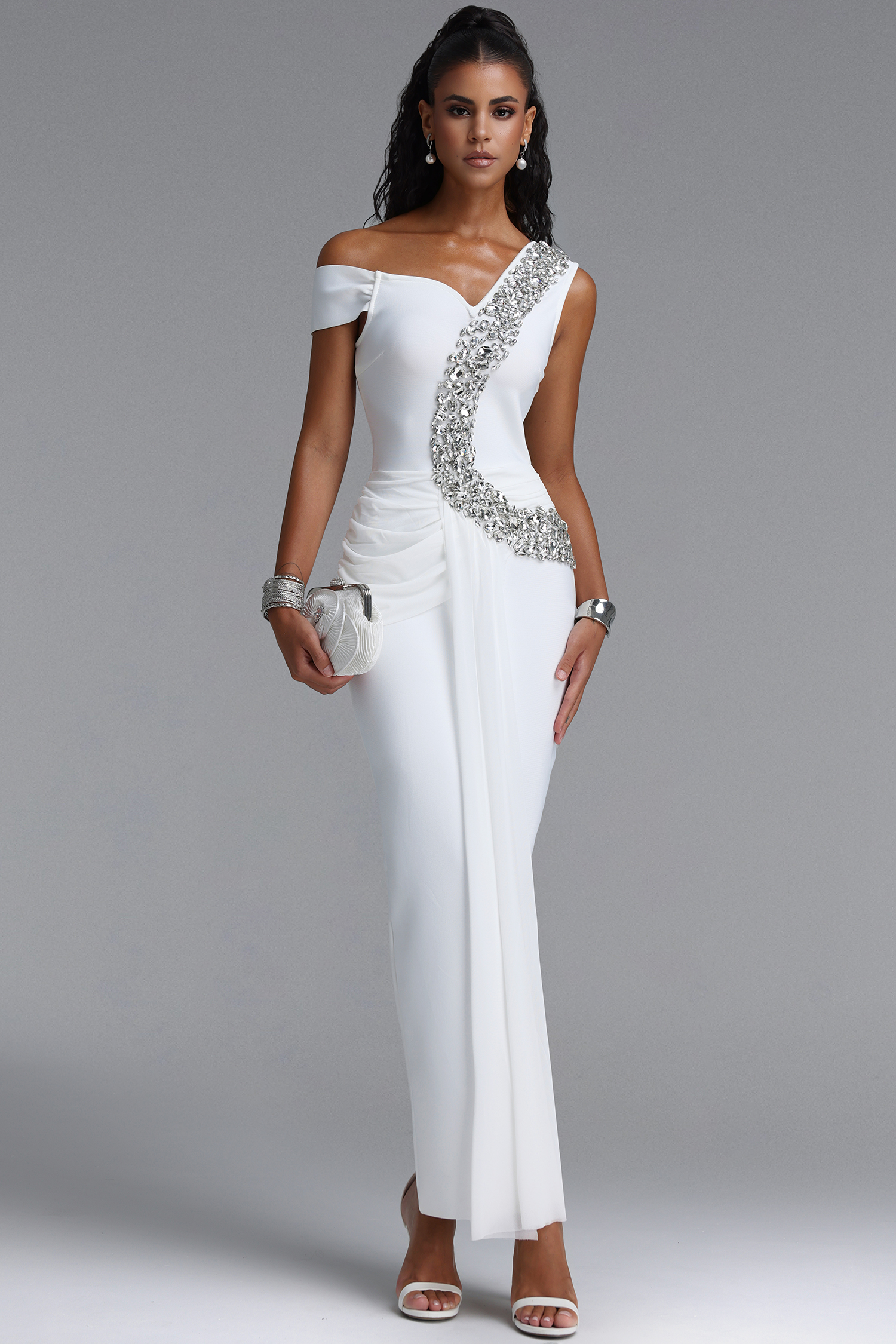 Nevaeh Elegant Contour Rhinestone Draped Ruched Bandage Black Maxi Dress