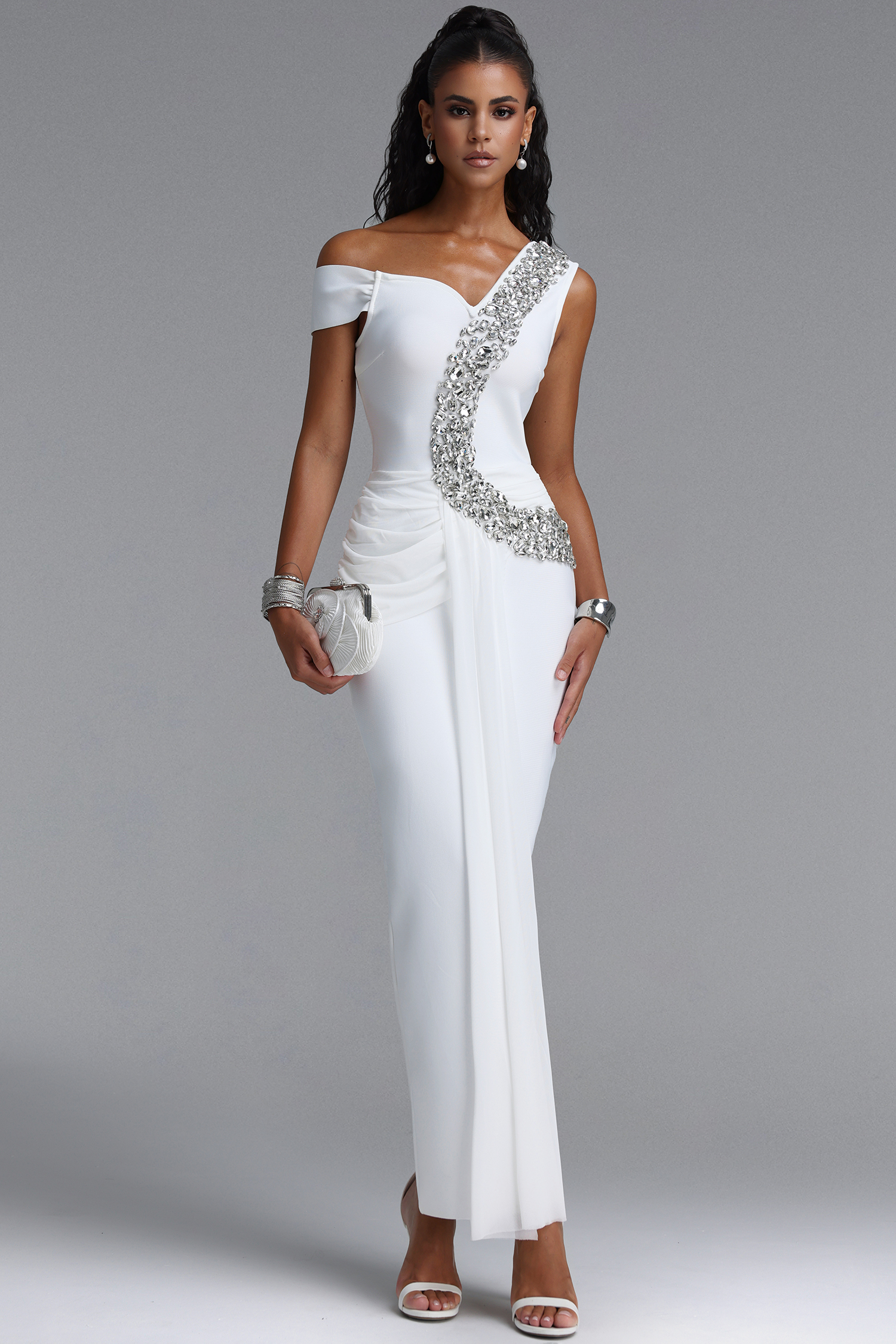 Nevaeh Elegant Contour Rhinestone Draped Ruched Bandage Black Maxi Dress