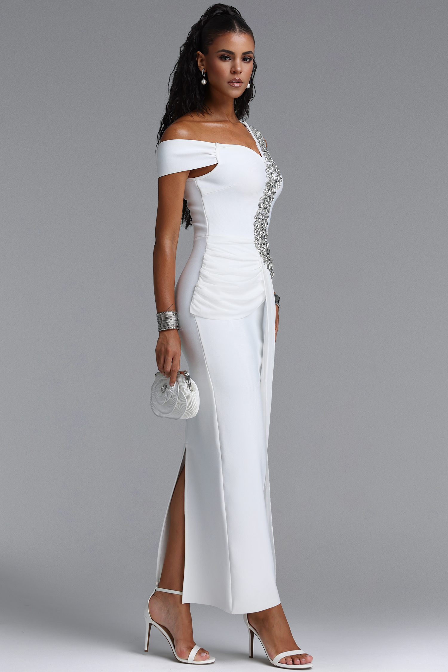 Nevaeh Elegant Contour Rhinestone Draped Ruched Bandage Black Maxi Dress