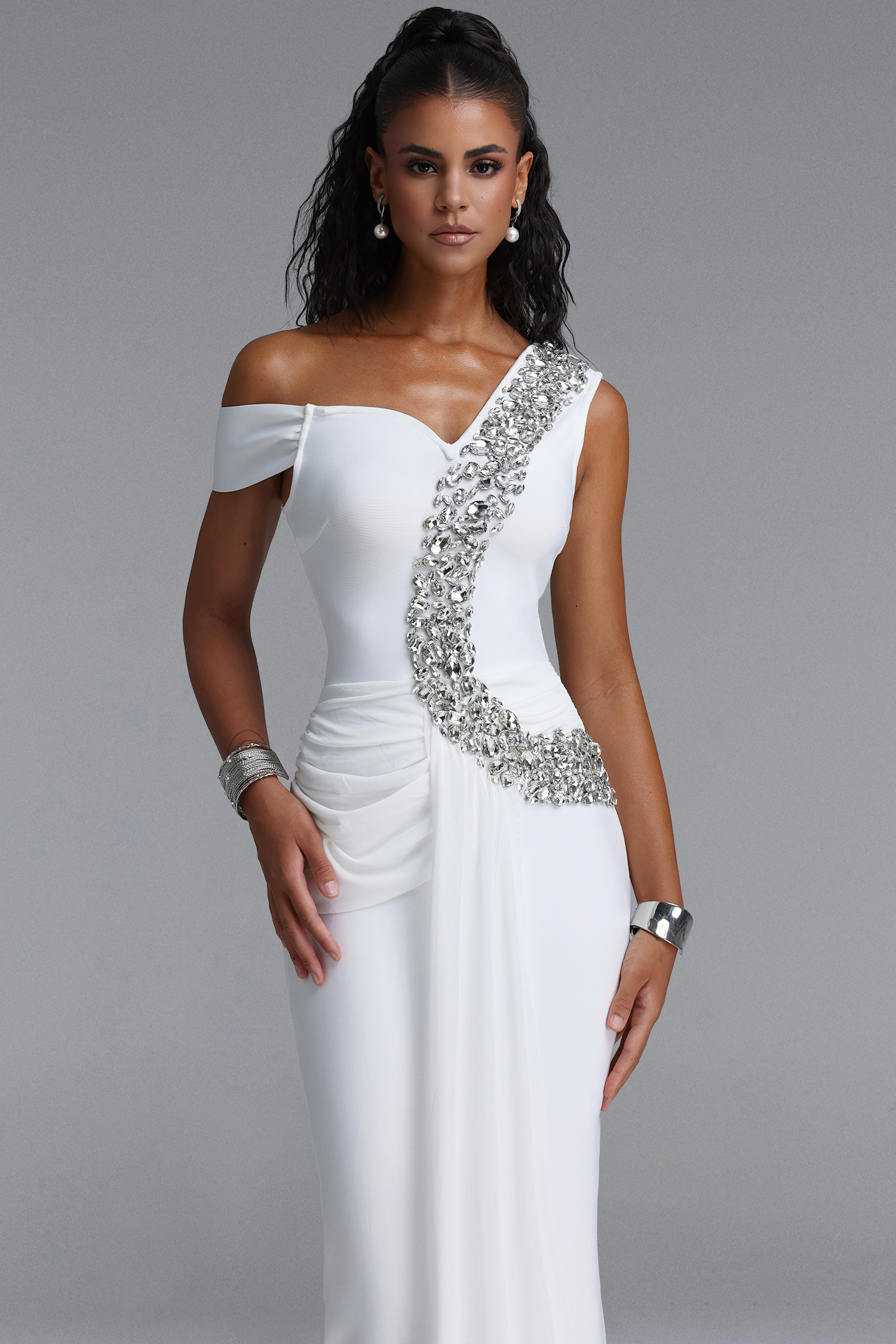 Nevaeh Elegant Contour Rhinestone Draped Ruched Bandage Black Maxi Dress