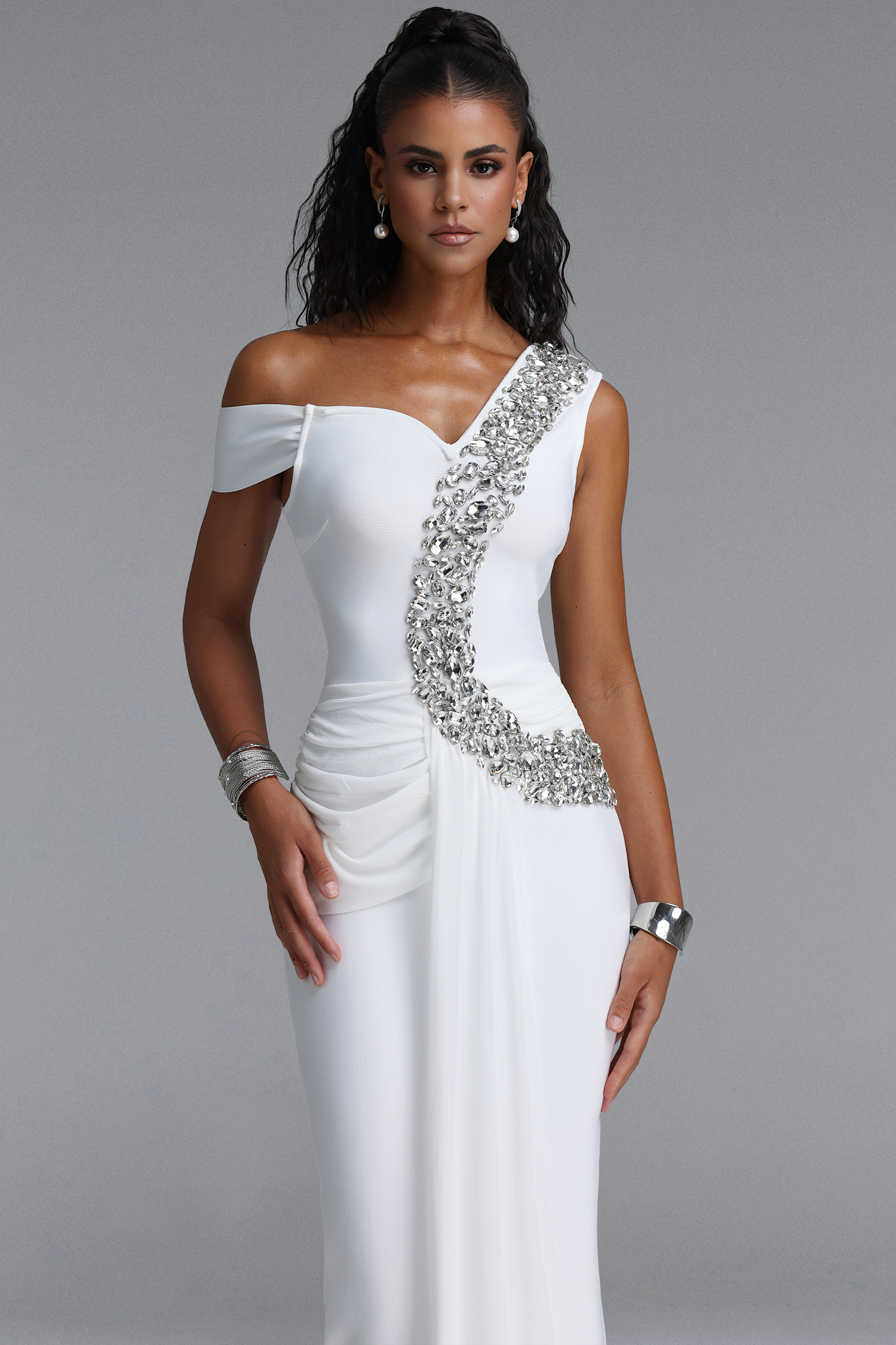 Nevaeh Elegant Contour Rhinestone Draped Ruched Bandage Black Maxi Dress
