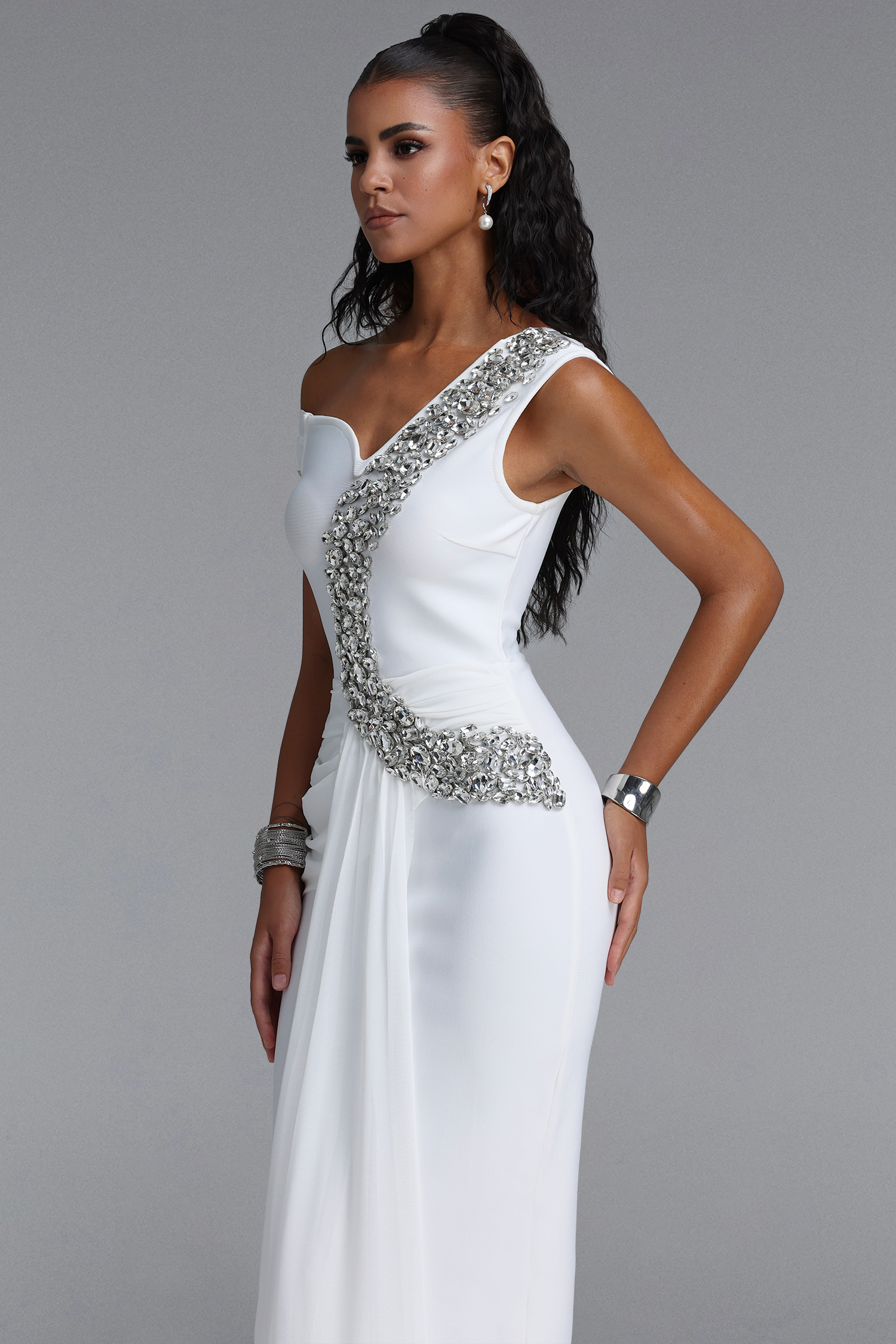 Nevaeh Elegant Contour Rhinestone Draped Ruched Bandage Black Maxi Dress