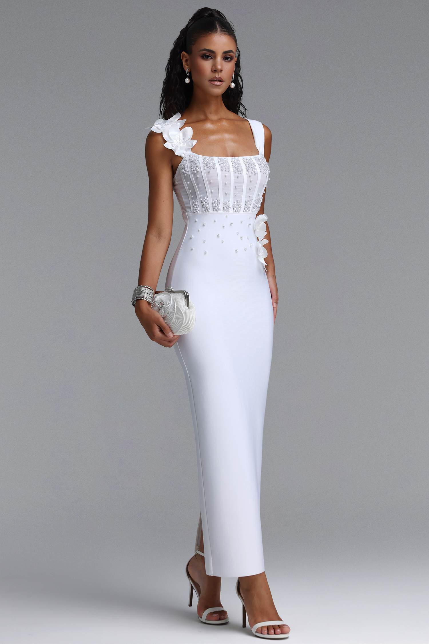 Eudase Spaghetti Strap Mesh Pearl Floral Bandage Maxi Dress