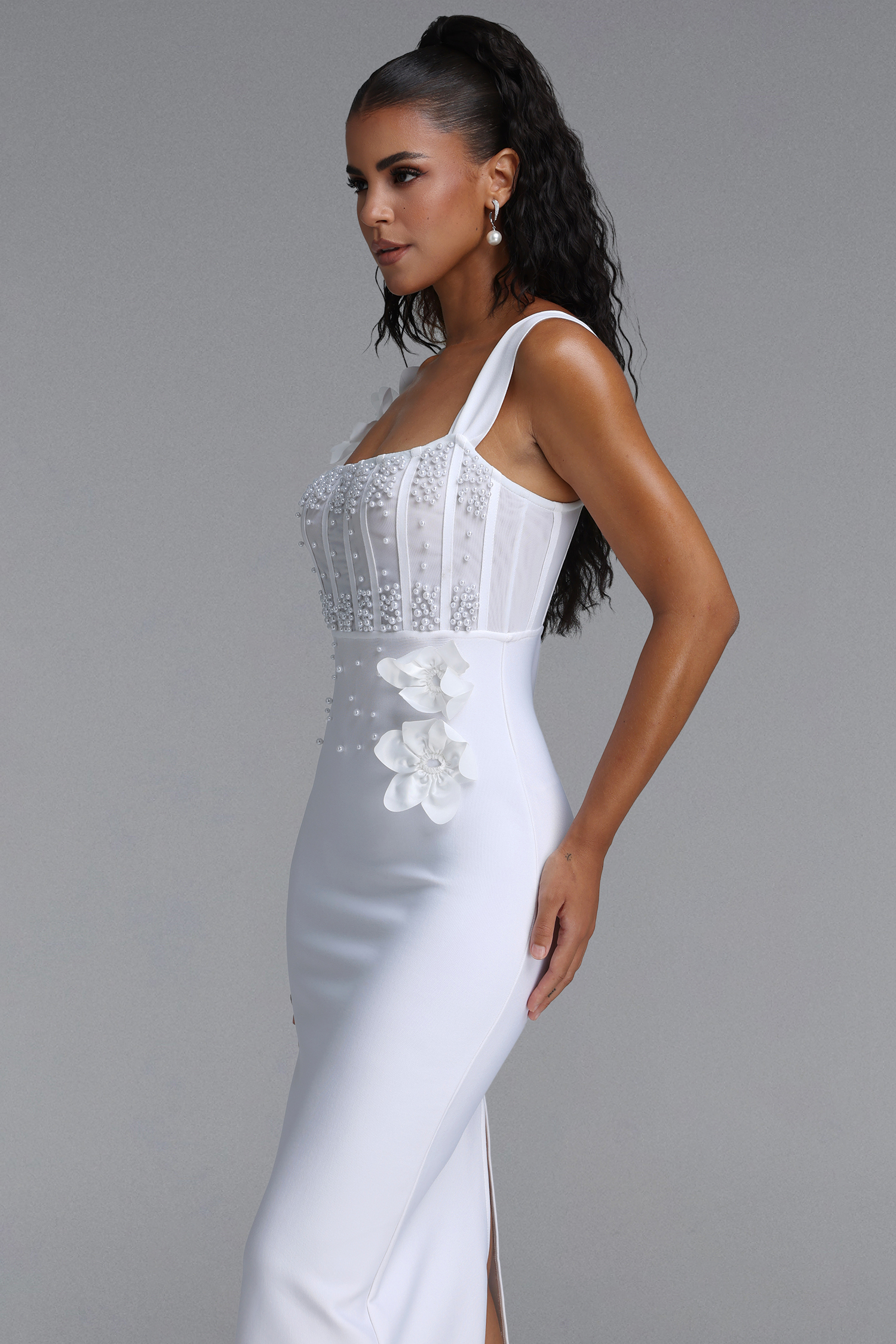 Eudase Spaghetti Strap Mesh Pearl Floral Bandage Maxi Dress