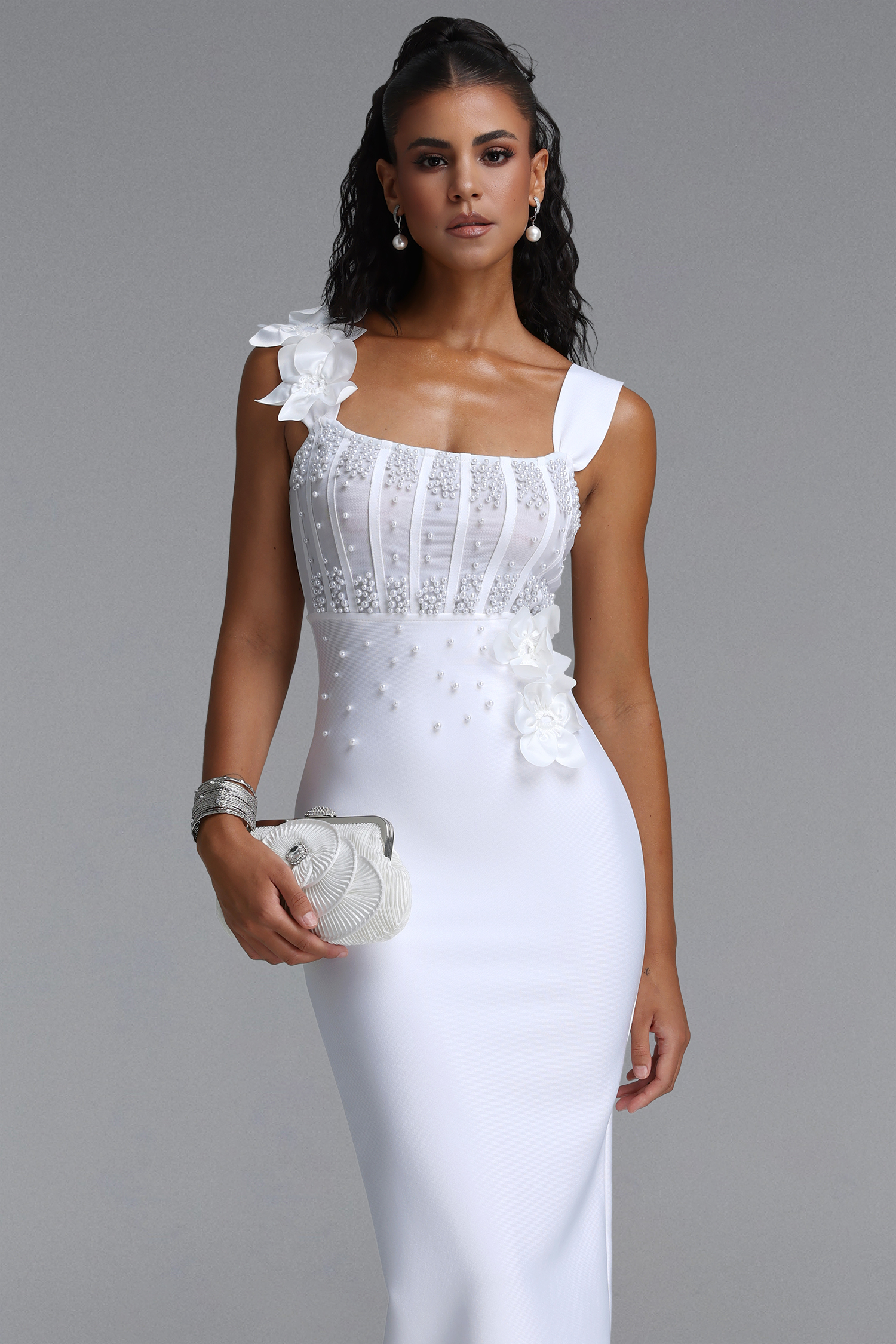 Eudase Spaghetti Strap Mesh Pearl Floral Bandage Maxi Dress