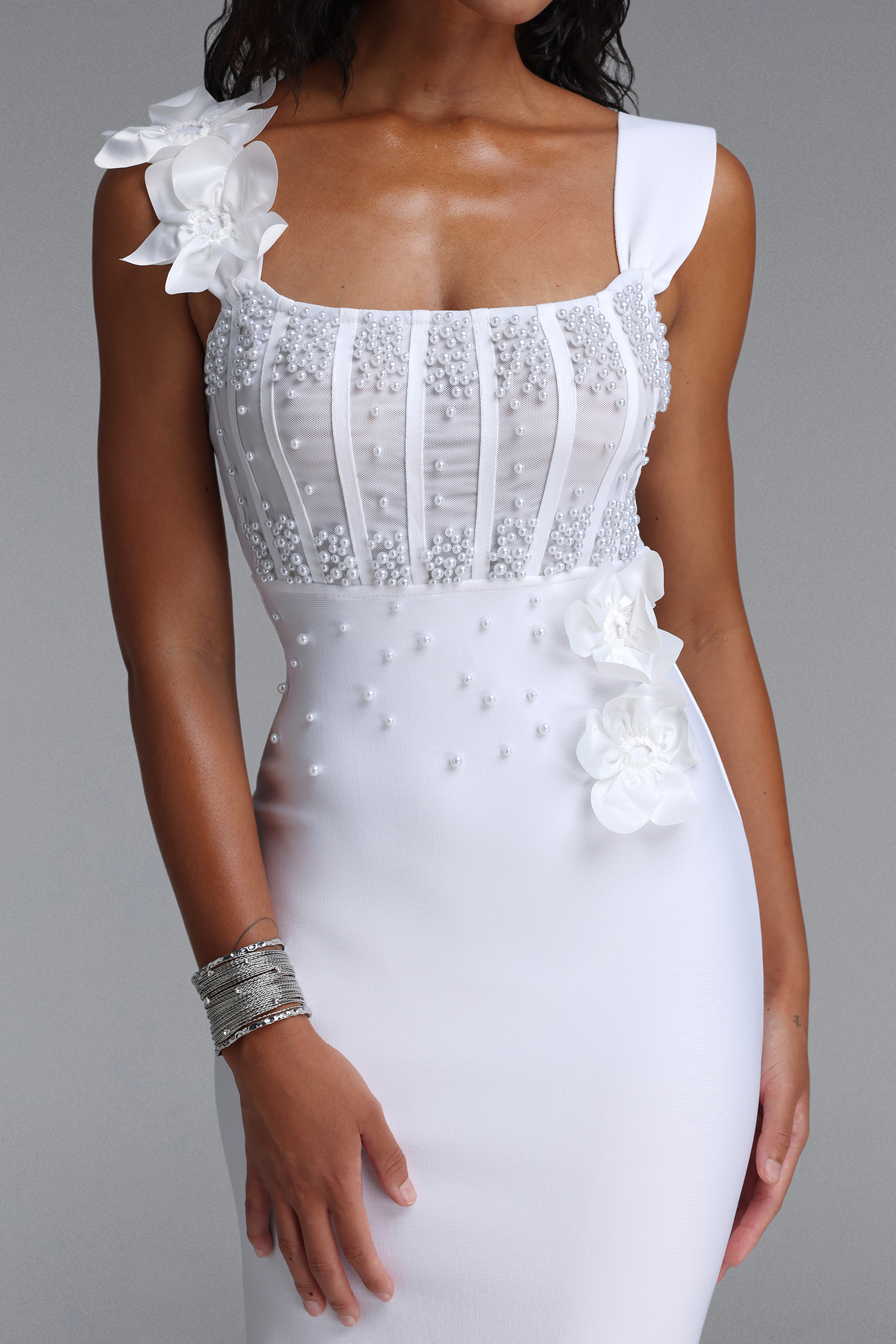 Eudase Spaghetti Strap Mesh Pearl Floral Bandage Maxi Dress