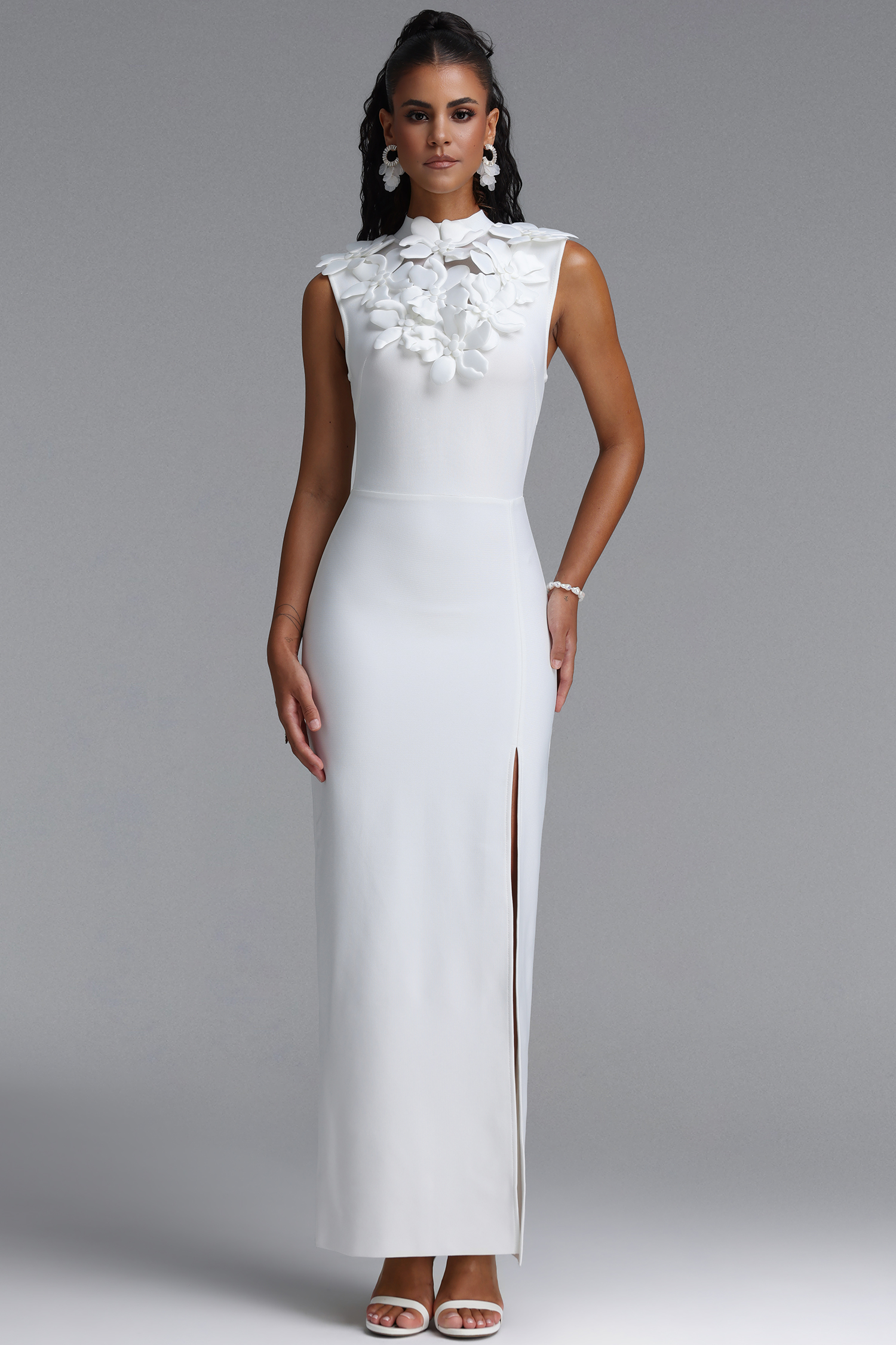 Wenrey Elegant Sleeveless High Neck Floral Split Bandage Maxi Dress