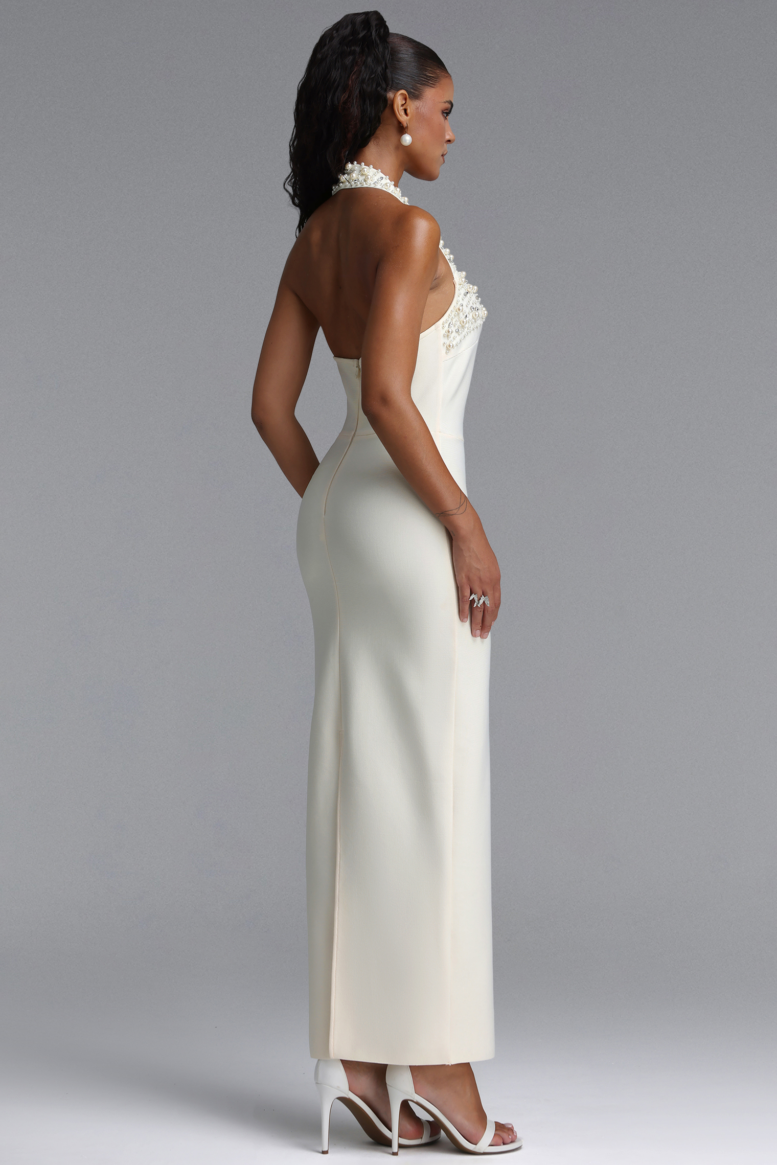 Waza Elegant Halter Square Neck Pearl Rhinestone Bandage Maxi Dress