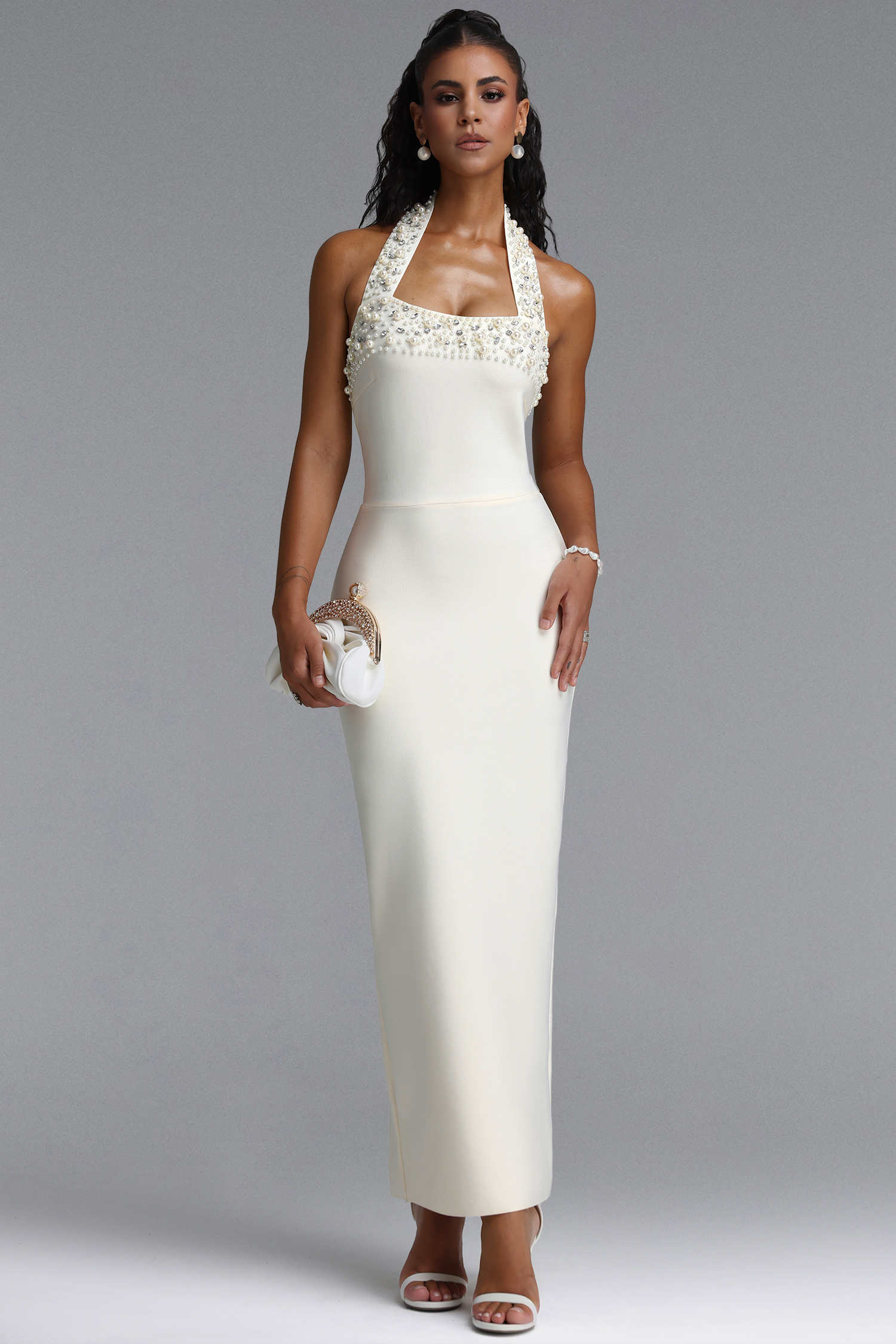 Waza Elegant Halter Square Neck Pearl Rhinestone Bandage Maxi Dress