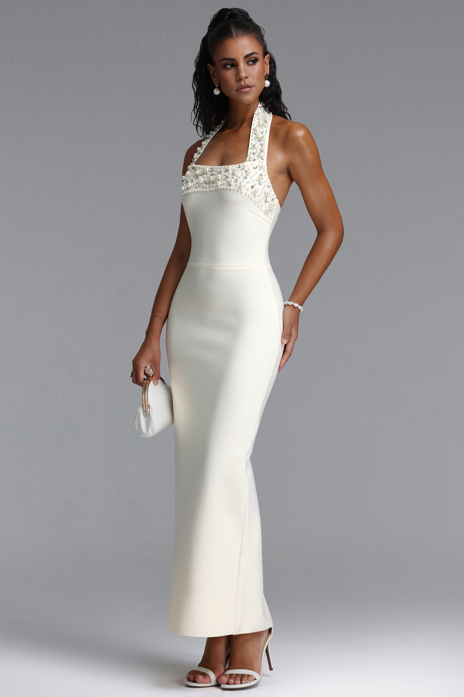 Waza Elegant Halter Square Neck Pearl Rhinestone Bandage Maxi Dress