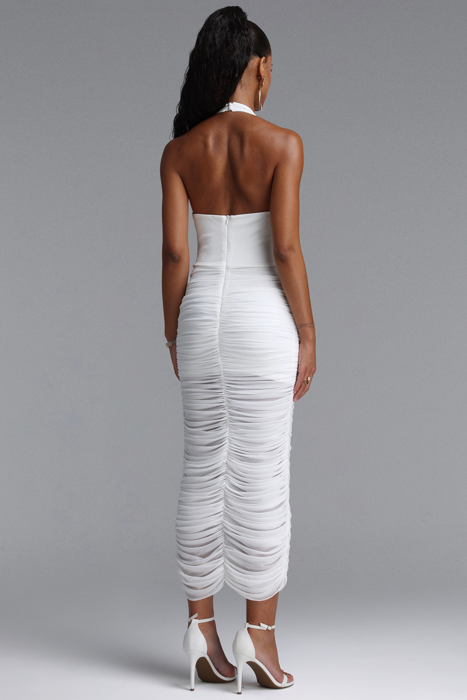 Mavis Classic Halter V Neck Metal Buckle Ruched Maxi Dress