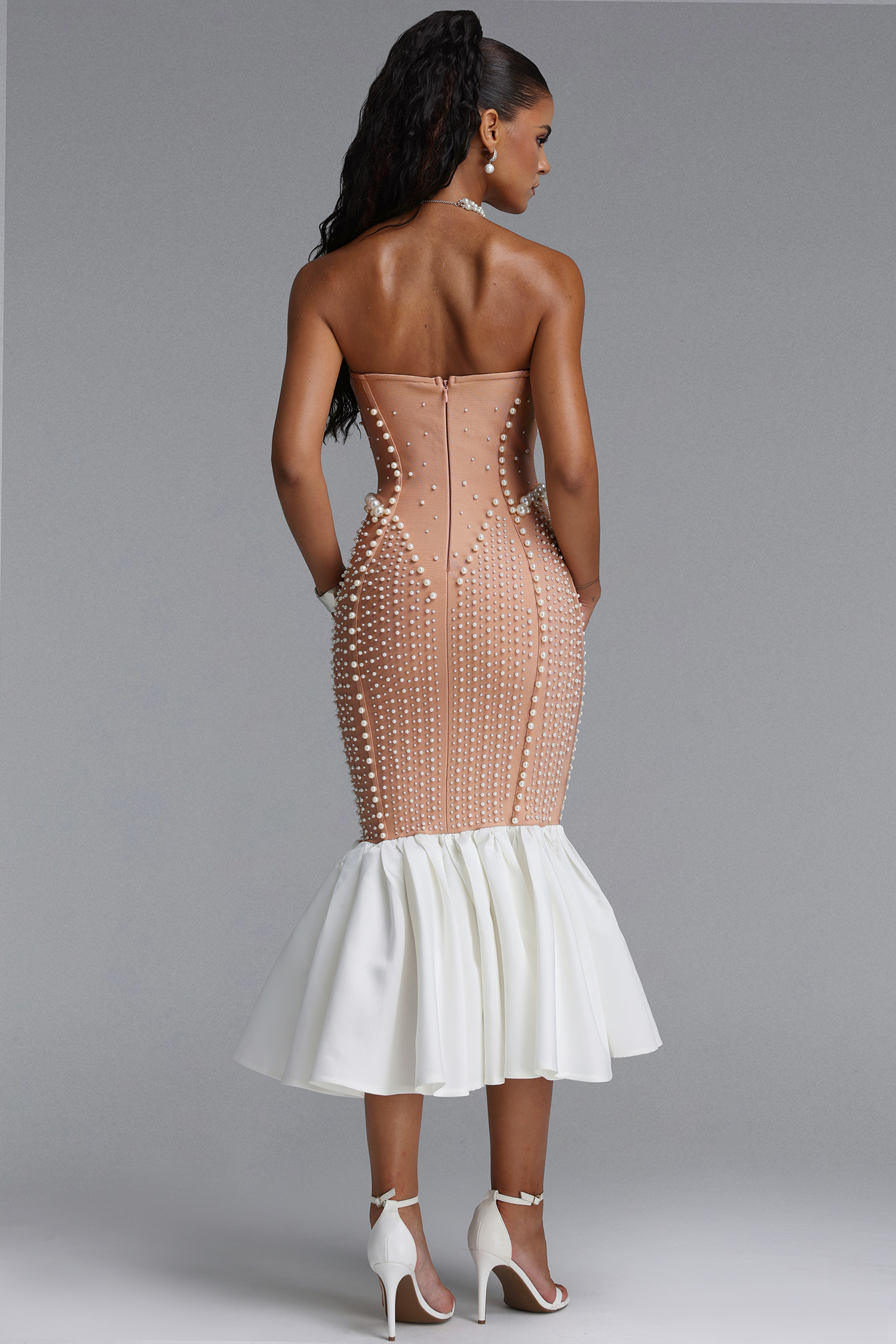 Falisa Vintage Strapless Heavy Ornate Pearl Pleated Midi Bandage Mermaid Dress