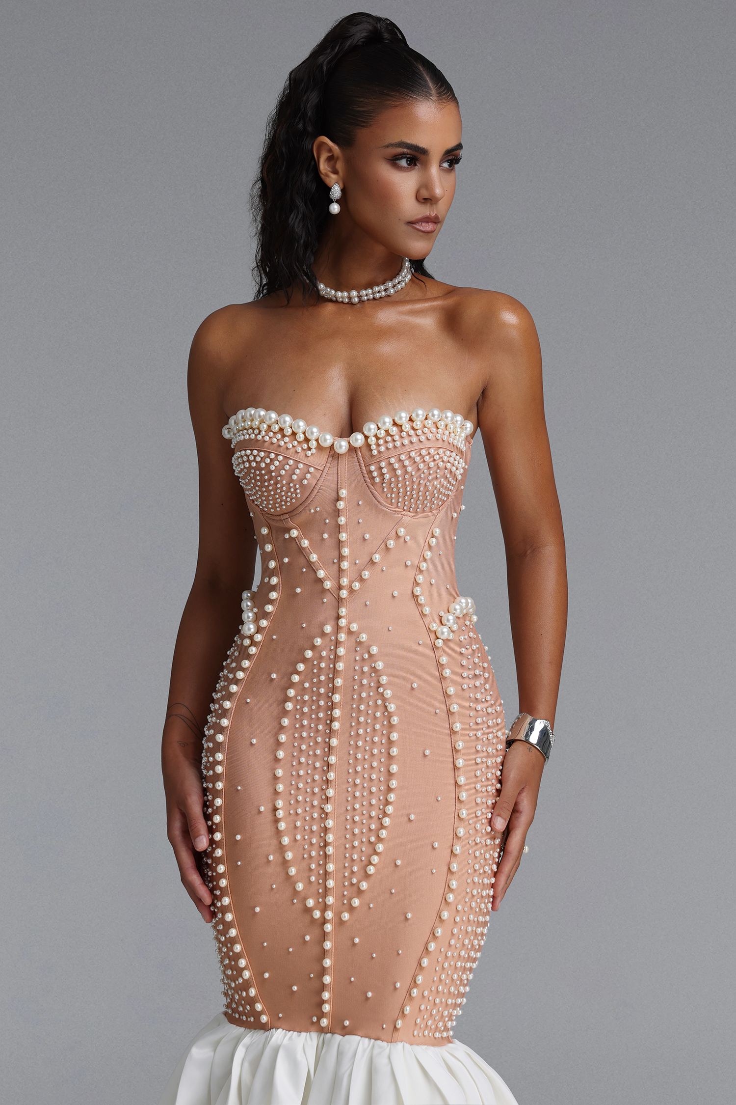 Falisa Vintage Strapless Heavy Ornate Pearl Pleated Midi Bandage Mermaid Dress
