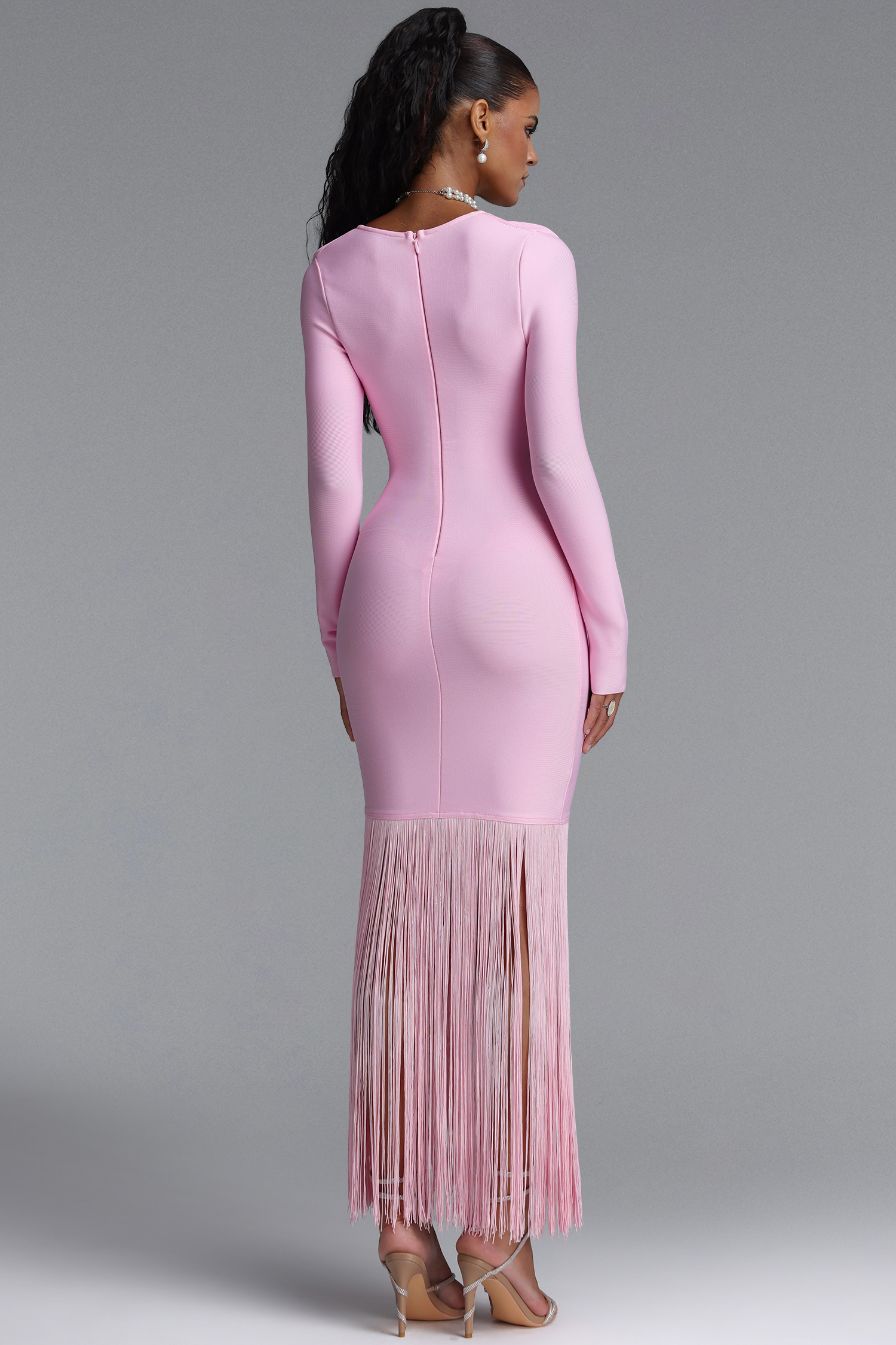 Erina Vintage Square Neck Long Sleeve Tassel Bandage Pink Maxi Dress
