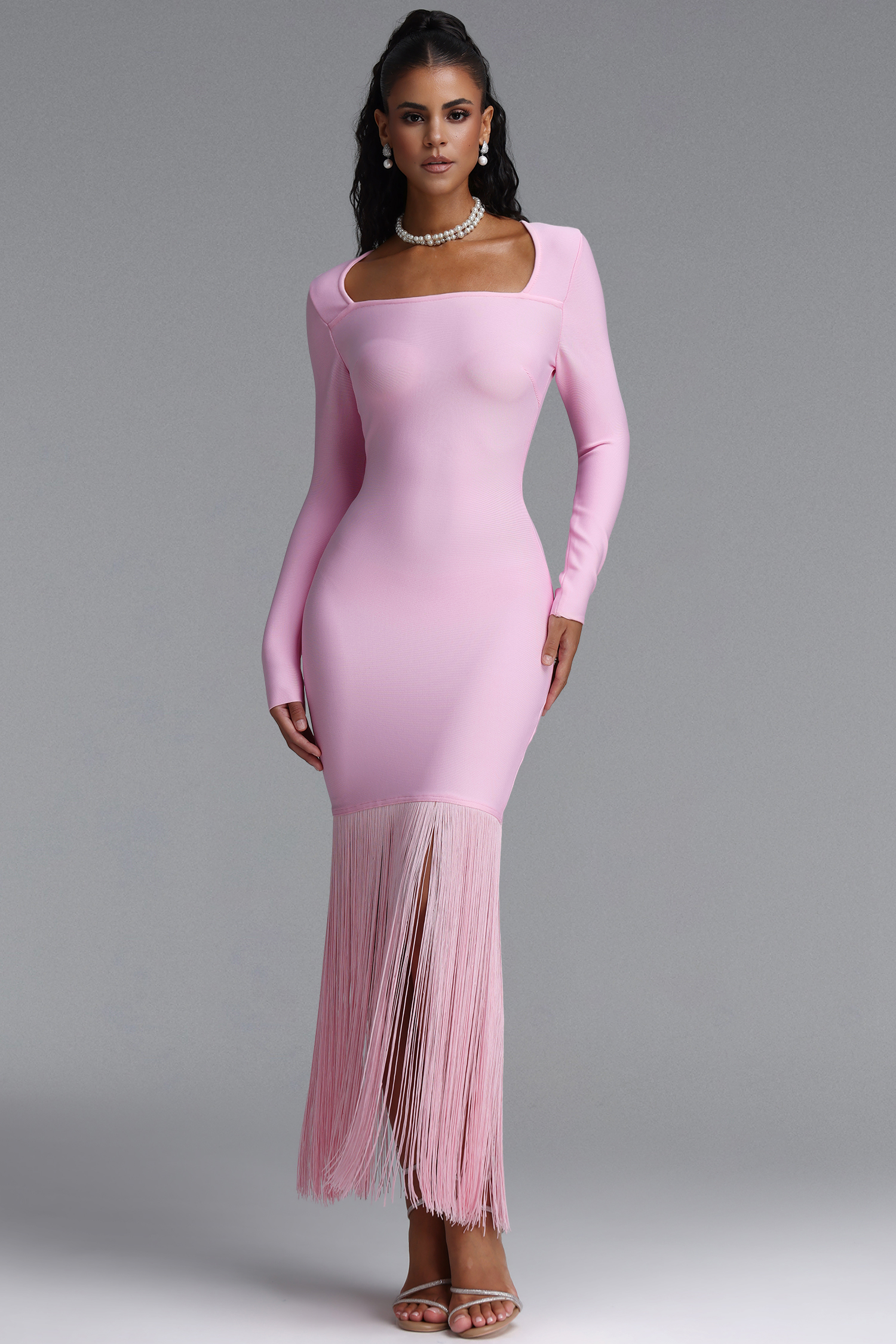 Erina Vintage Square Neck Long Sleeve Tassel Bandage Pink Maxi Dress