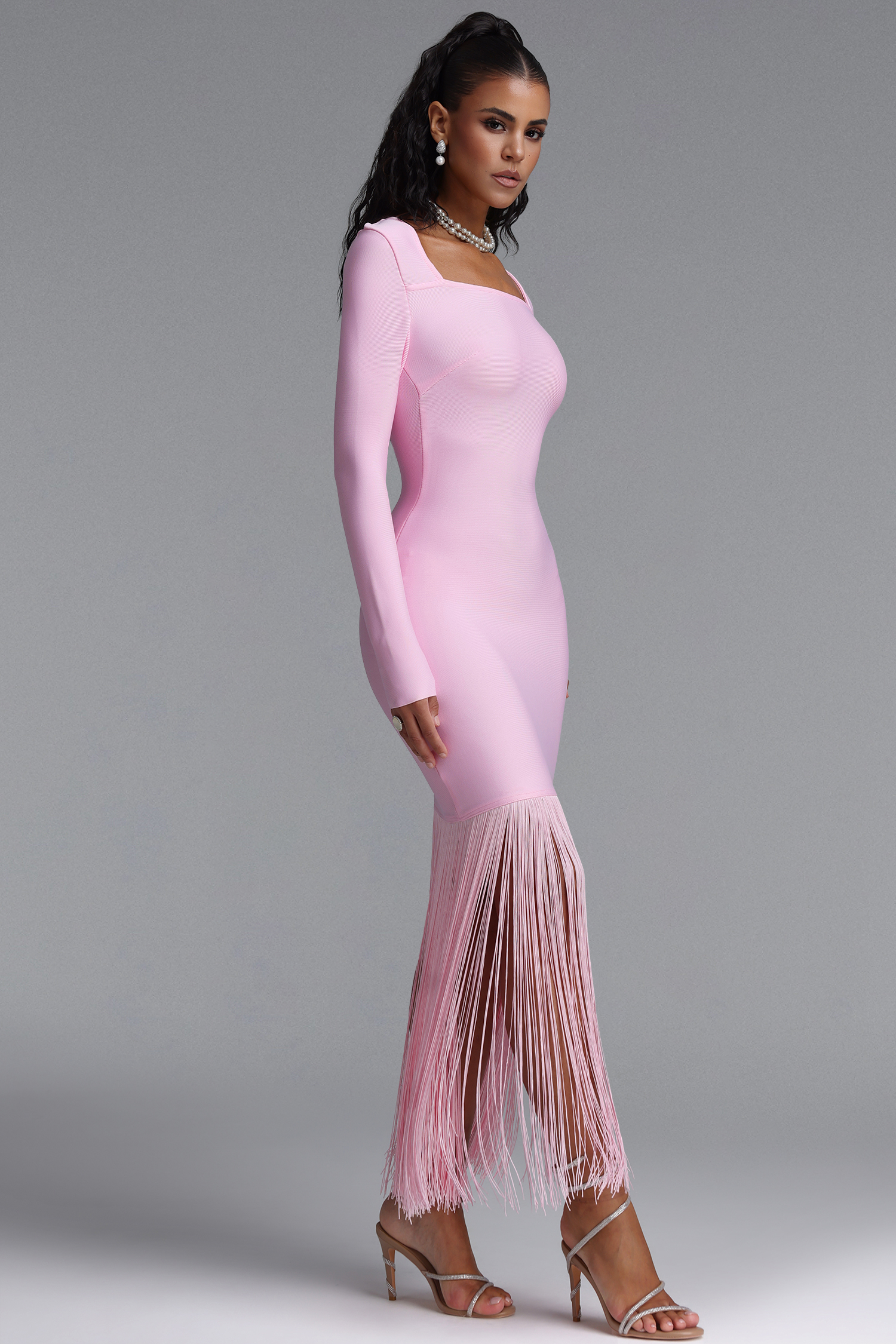 Erina Vintage Square Neck Long Sleeve Tassel Bandage Pink Maxi Dress