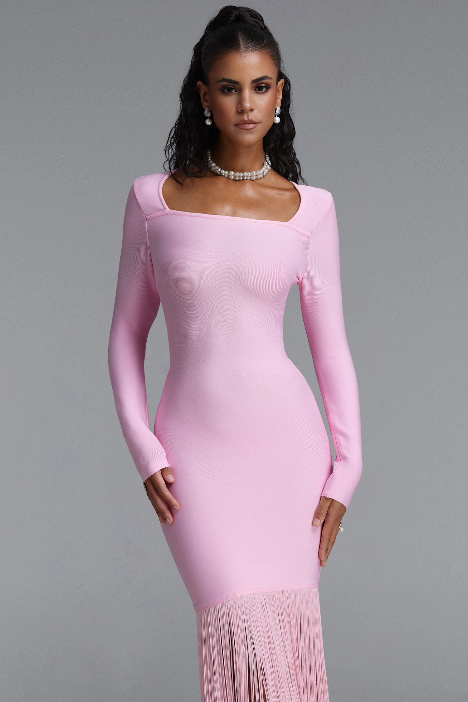 Erina Vintage Square Neck Long Sleeve Tassel Bandage Pink Maxi Dress