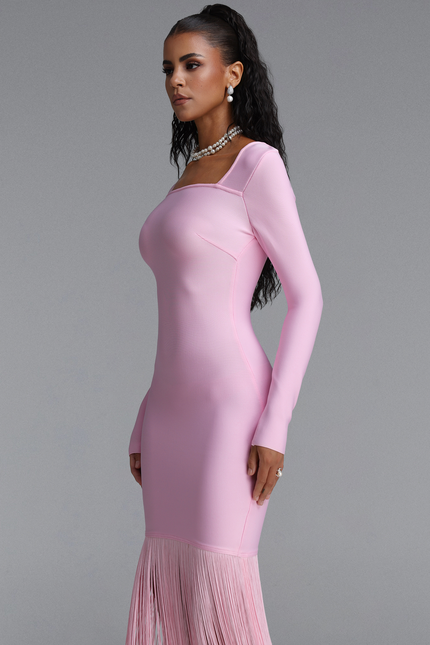 Erina Vintage Square Neck Long Sleeve Tassel Bandage Pink Maxi Dress