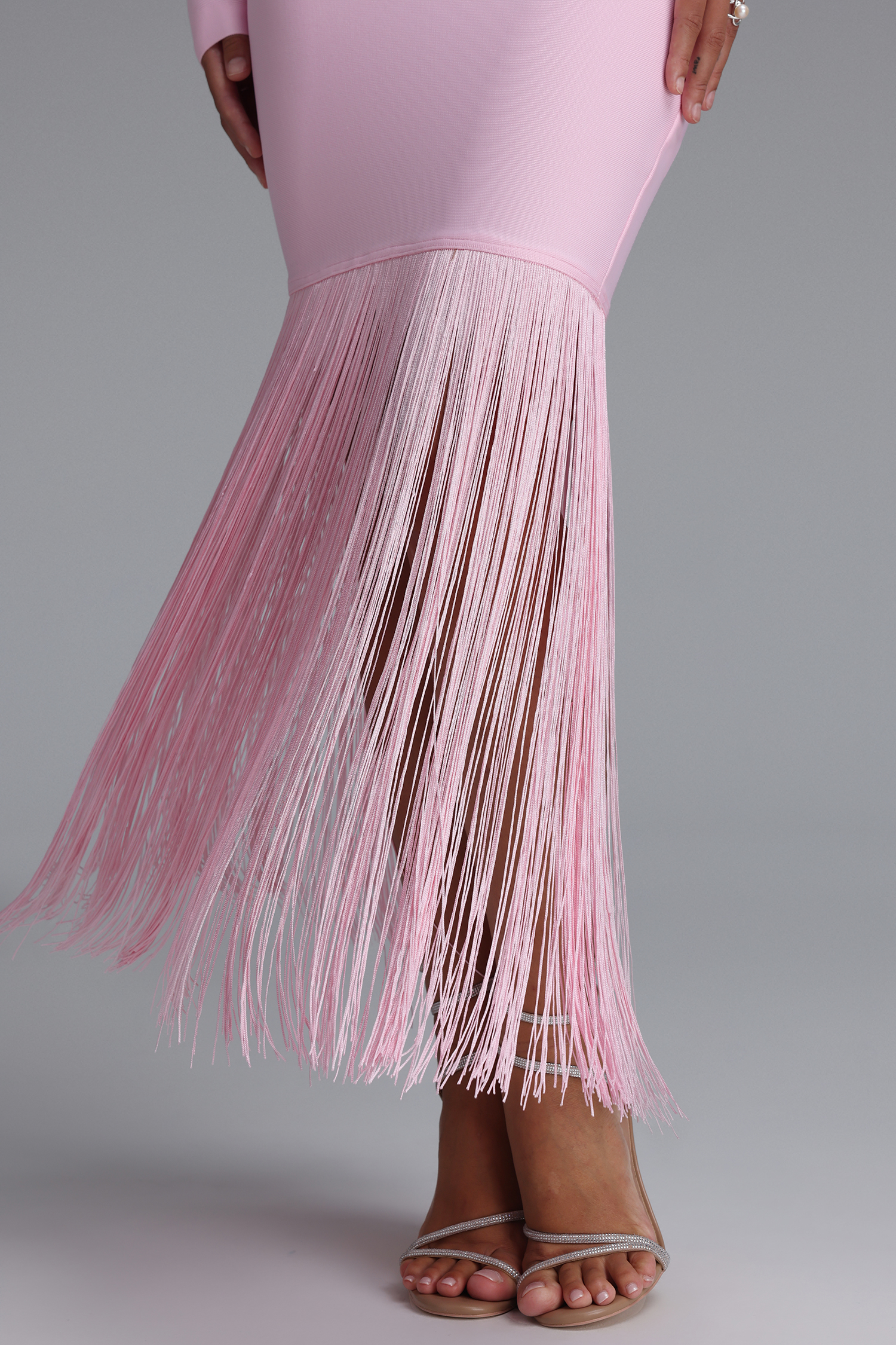 Erina Vintage Square Neck Long Sleeve Tassel Bandage Pink Maxi Dress