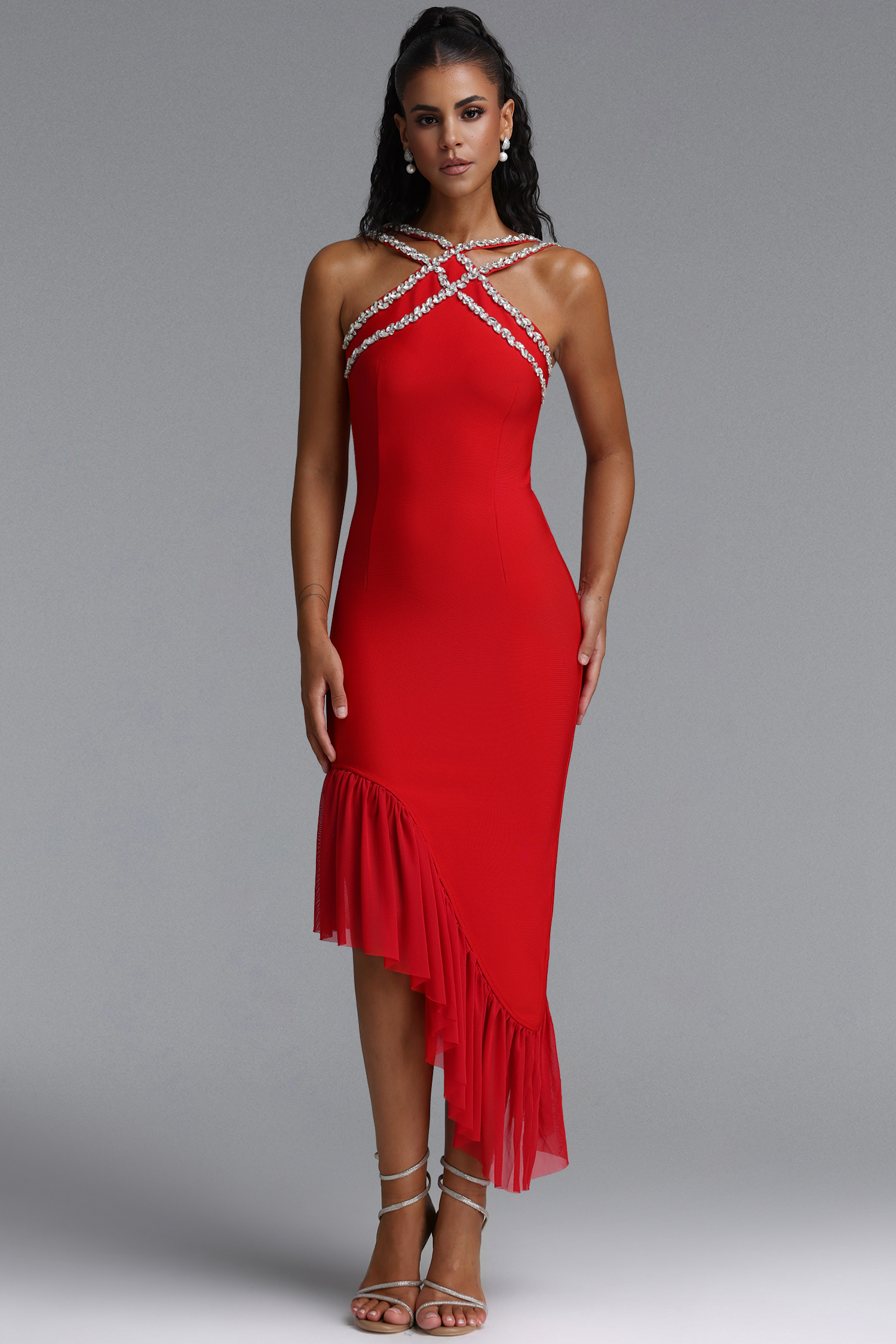 Nialla Sleeveless Diamond Flounce Bandage Red Maxi Dress