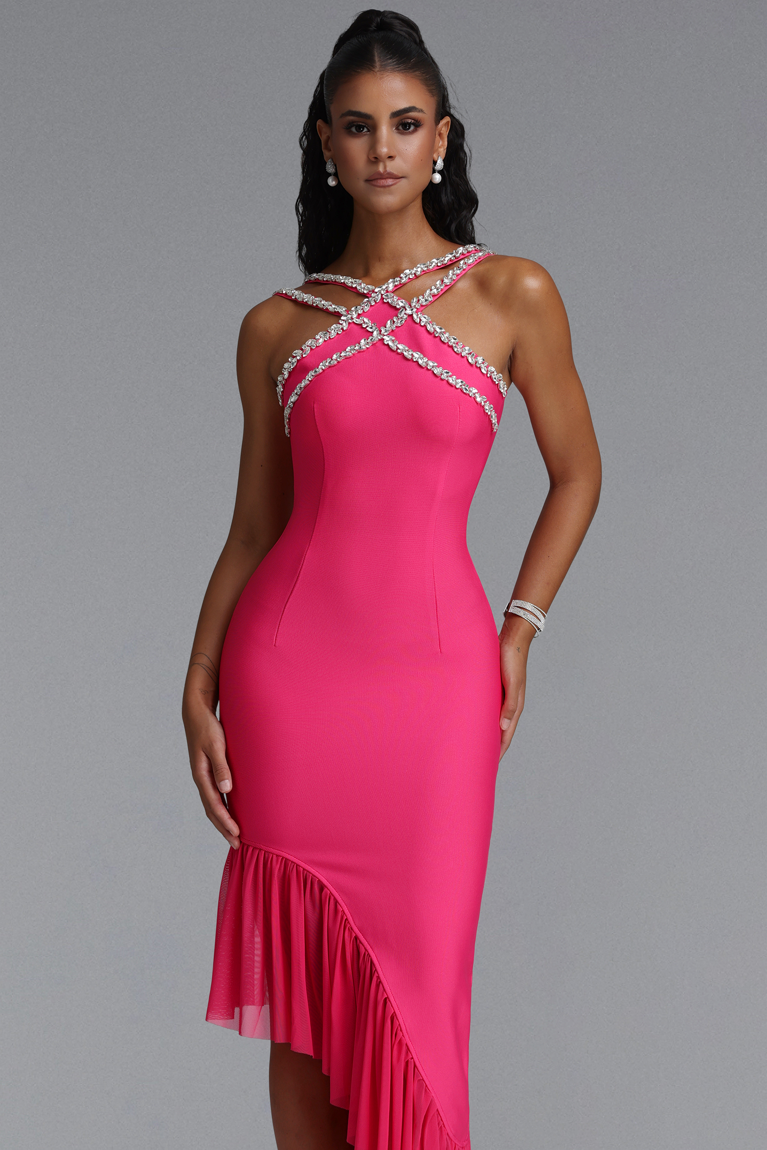 Nialla Sleeveless Diamond Flounce Bandage Rose Pink Maxi Dress
